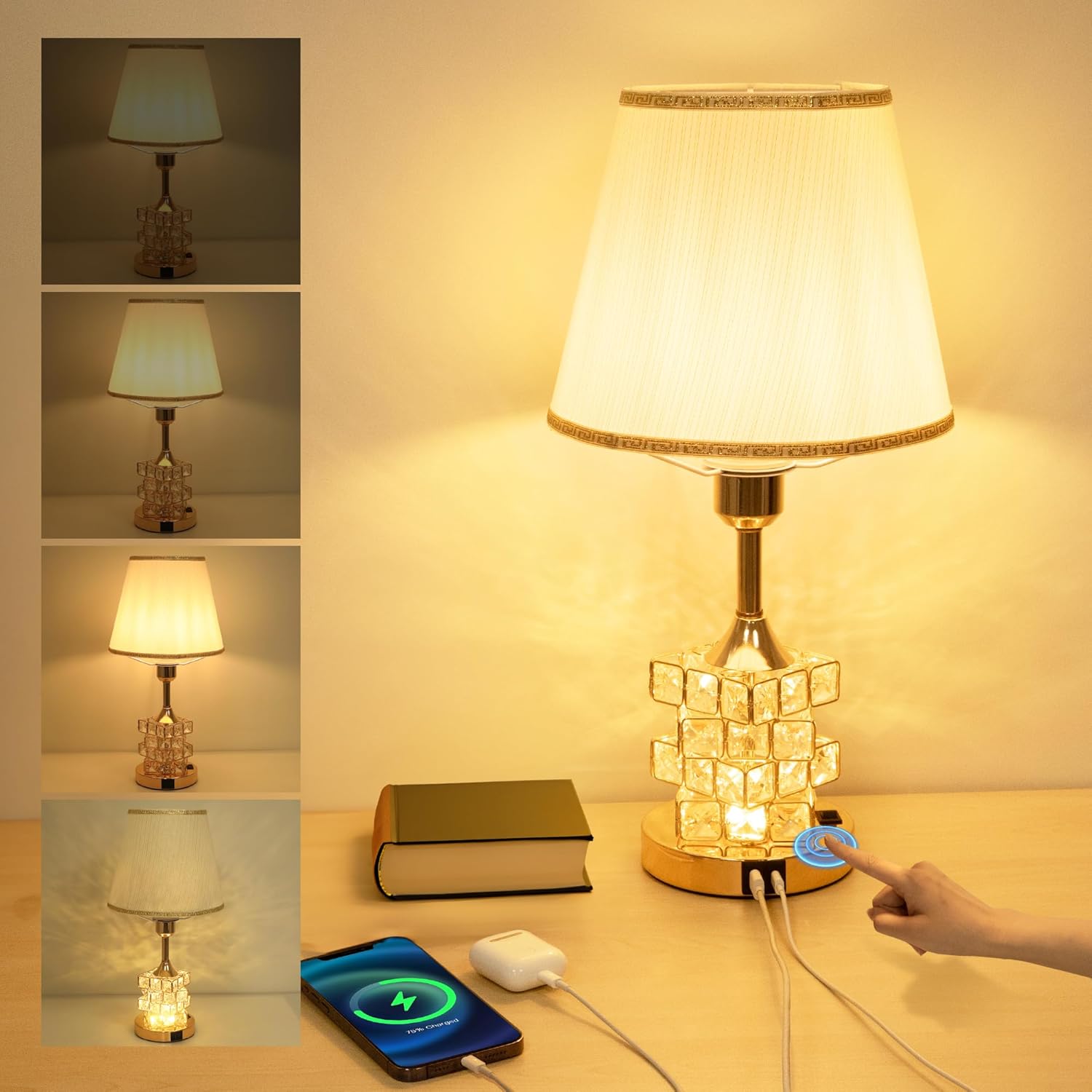 Allesin Table Lamp for Bedroom, 3 Way Dimmable Bedside Lamp with USB A