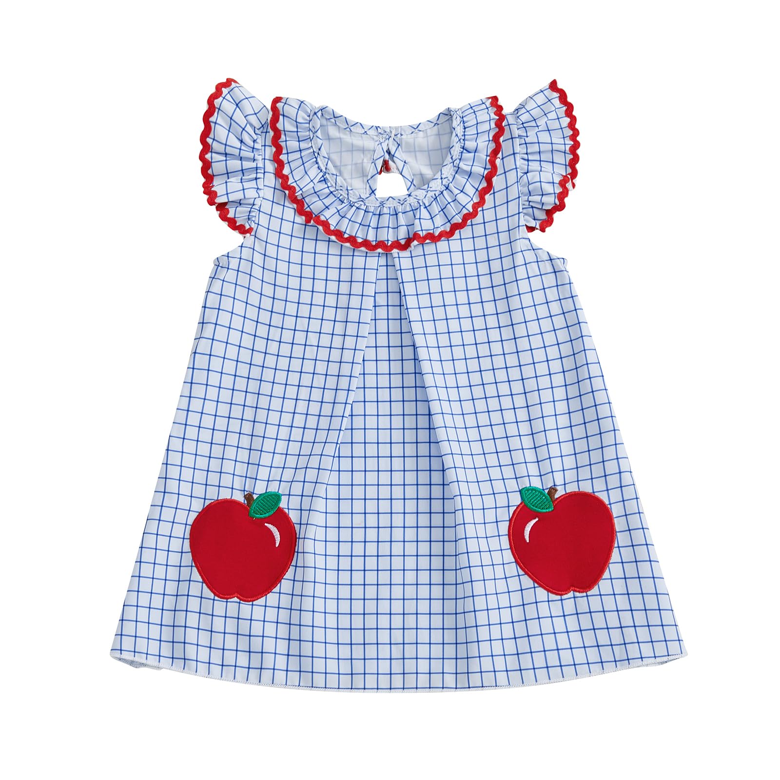 Toddler Girl Back to School Outfit Pencil Embroidery Plaid Sleeveless Ruffle Smocked Dress Kids First Day of Preschool Dress (Blue Plaid, 6-12 Months)
