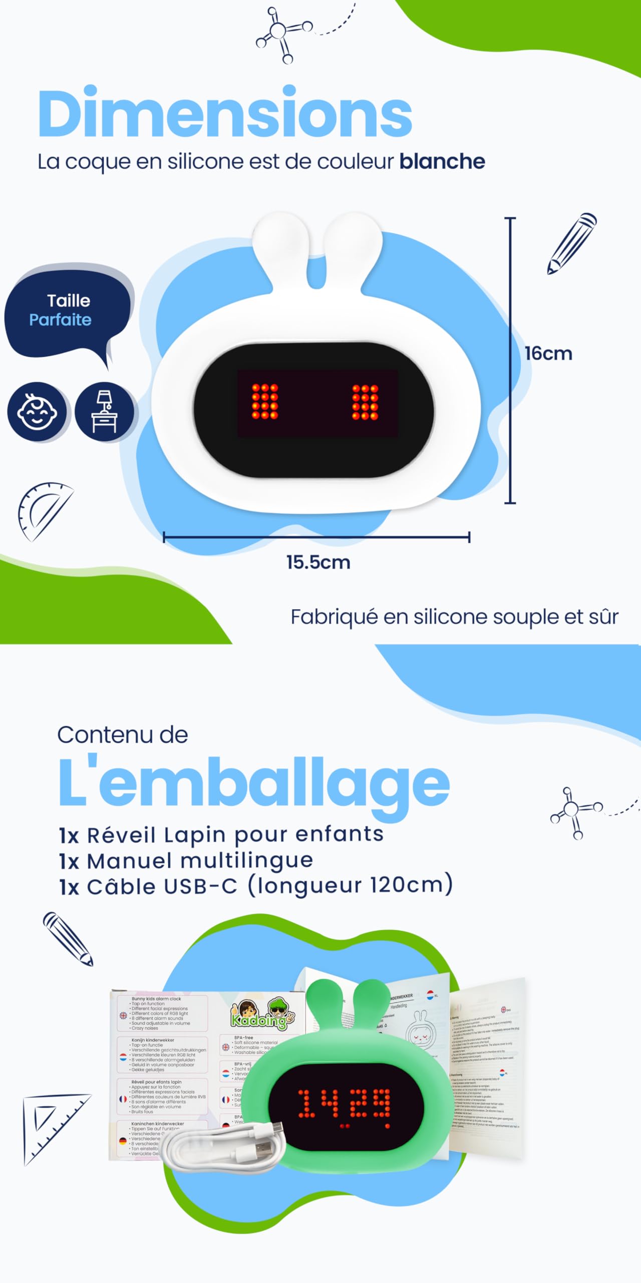 Réveil Enfant Lapin (Blanc) - avec Expressions Faciales et Fonction Tapotement - Lumière de Réveil - Entraîneur de Sommeil - Veilleuse - Jouet Numérique