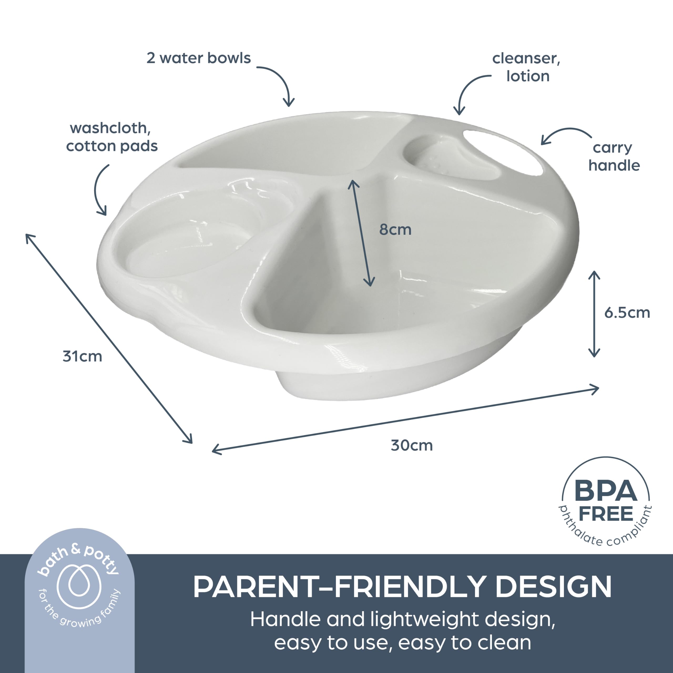 Dreambaby Bol supérieur et queue, utilisation quotidienne, bol supérieur et queue pour baignoire de bébé, 2 zones séparées pour les éponges supérieures et queues, design ergonomique, léger et portable