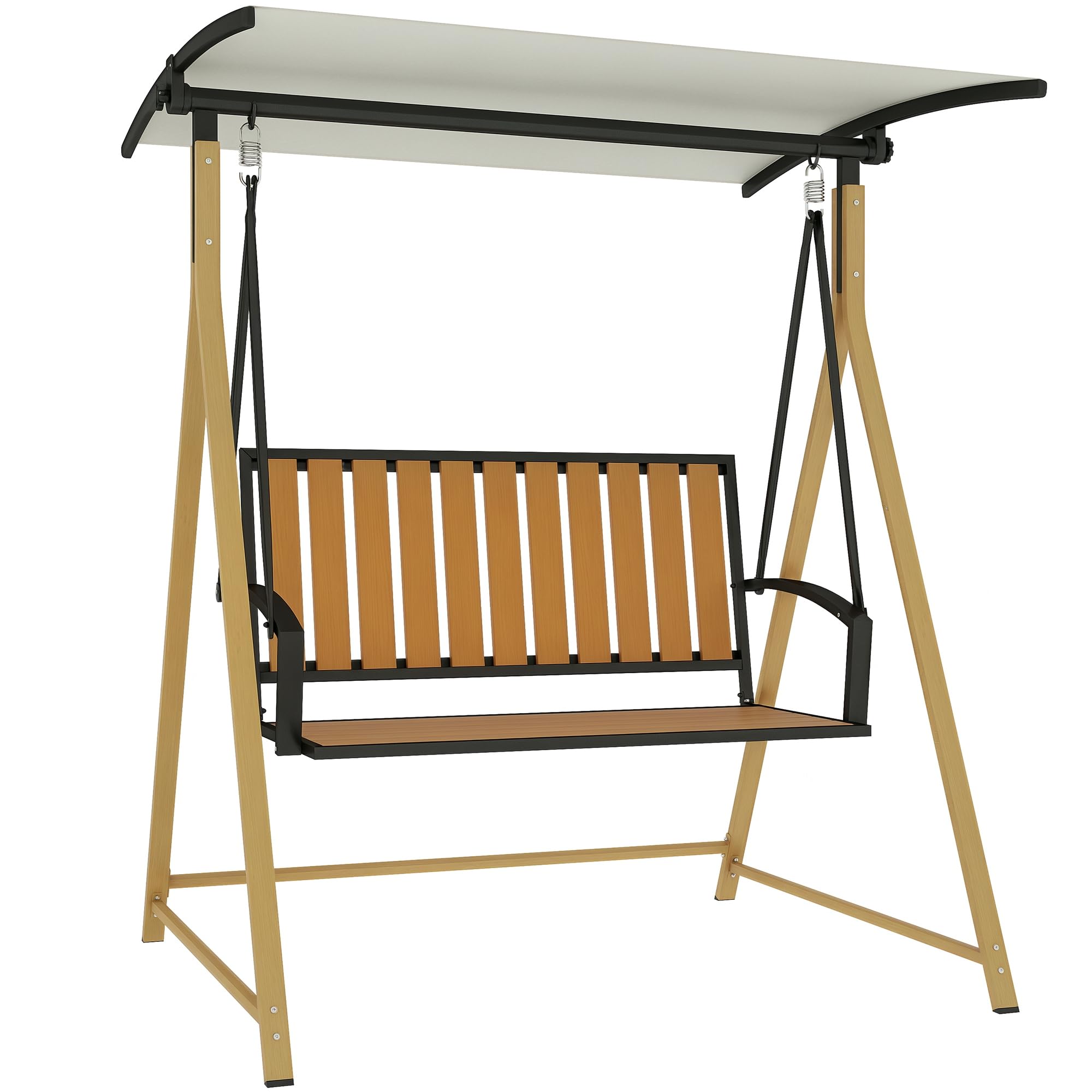 Outsunny Columpio de Jardín Exterior de 2 Plazas Grano de Madera Balancín de Jardín Exterior con Toldo Ajustable y Estructura de Metal Carga 240 kg 142x112x162 cm Natural y Beige