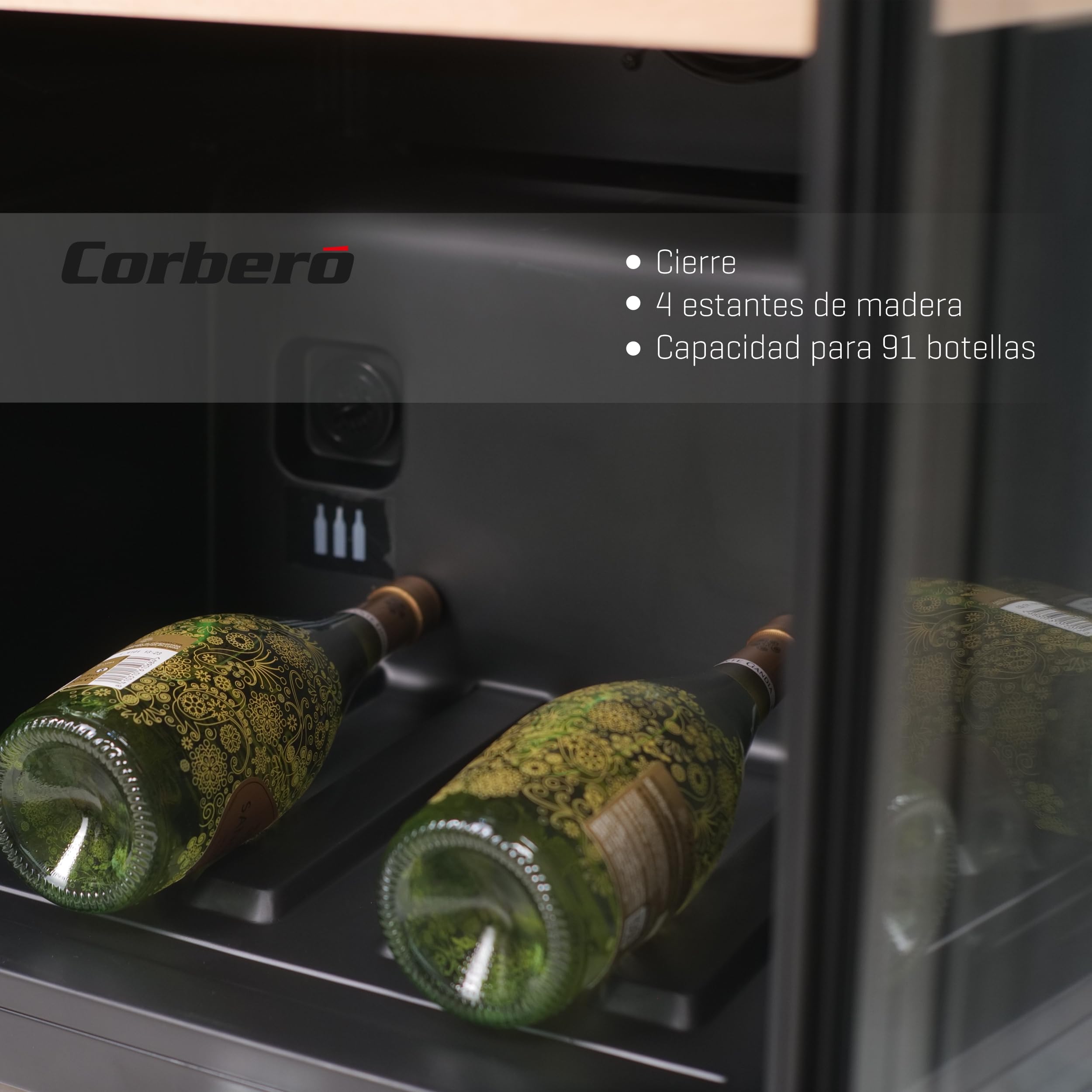 Corberó - Vinoteca CFKWC91SWDZ | 200L | 91 Botellas | Estático Con Ventilador | Doble Zona | Nevera para vino con Luz LED | 4 Estantes de Madera | 45Db | Negro Puerta Cristal — view 5