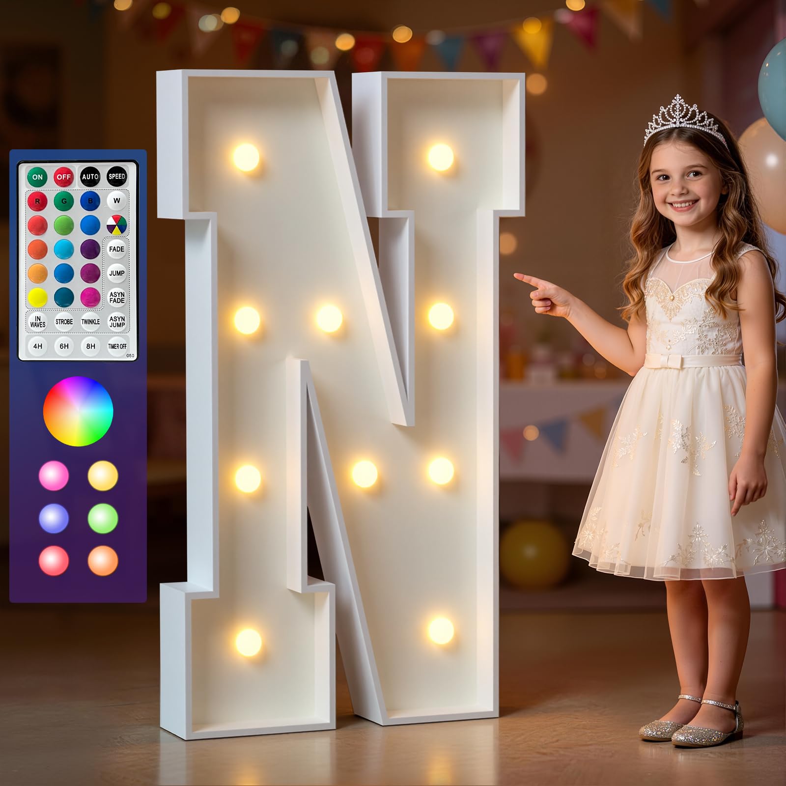 Marquee Letters Colorful, 4ft Light Up Letter N, 18 Colors Changing LED Large Lighted Sign for Birthday Decorations, Graduations, Wedding, Proposal, Anniversary, Baby Shower & Glow Party Decor
