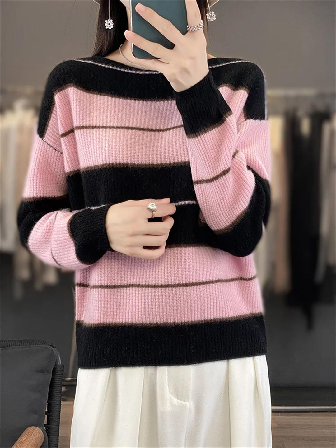 Damski sweter z długim rękawem oversize sweter z wełny merynosów w paski na co dzień kaszmirowa dzianina