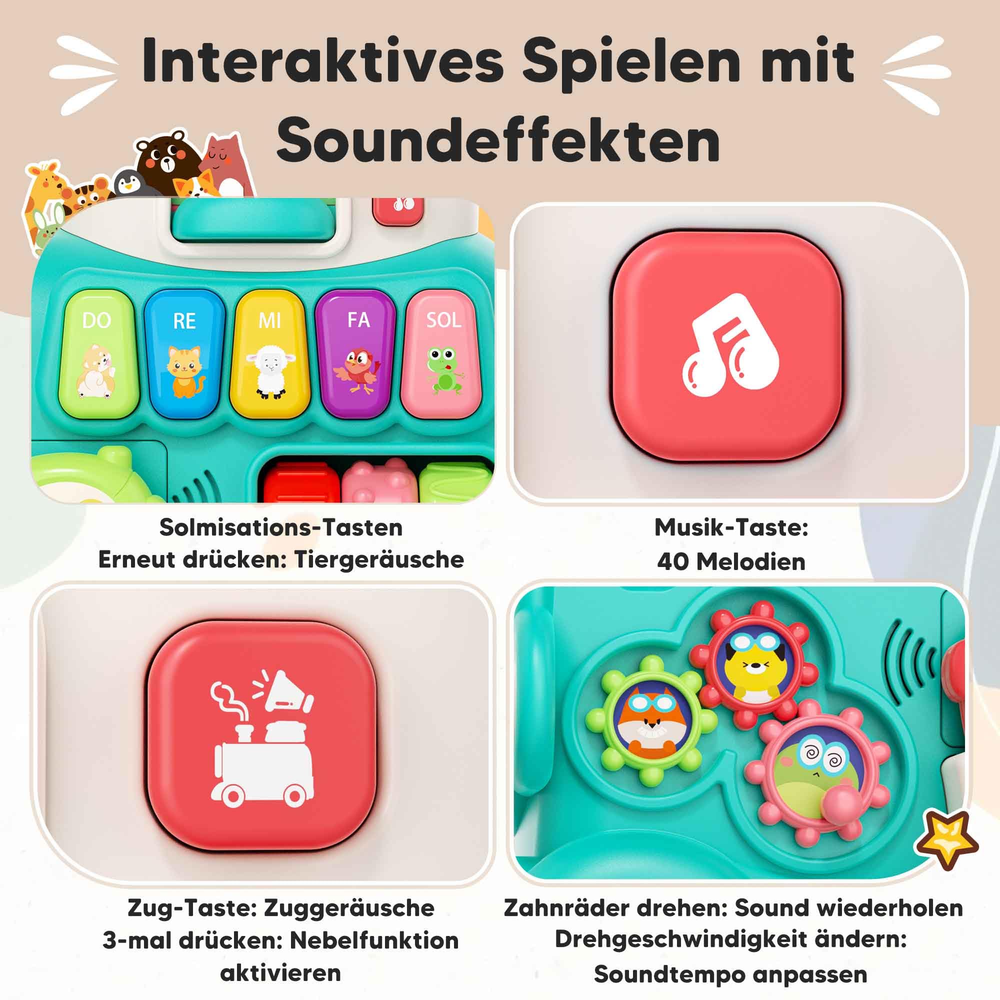5in1 multifunktionaler Lauflernwagen ab 6 Monaten, Baby Walker Zug mit Aktivitätszentrum, Musik und Sprühfunktion, interaktive Lauflernhilfe, Schiebespielzeug, Motorik- und Lernspielzeug
