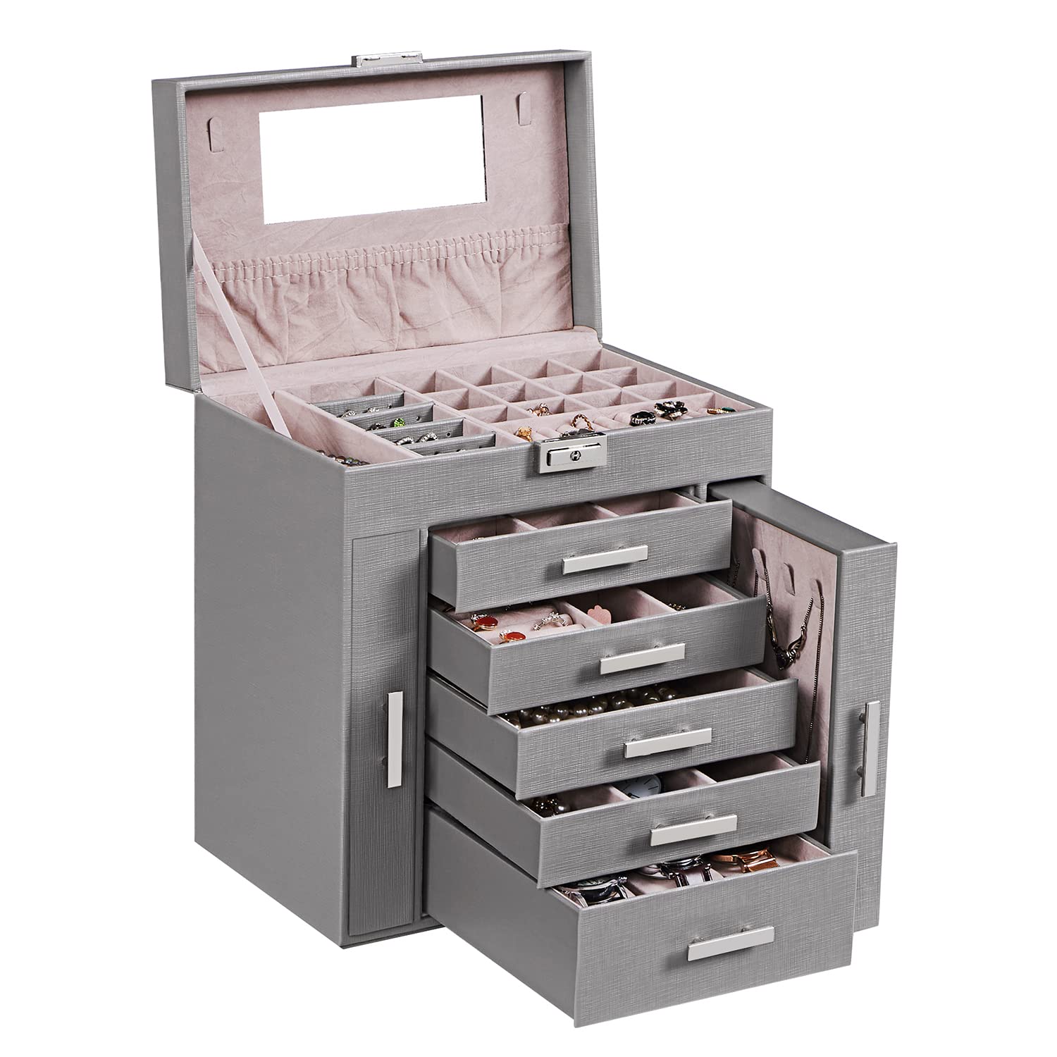 ANWBROAD Jewellery Box Large 6-Tier Jewellery Organiser Box for Women Jewellery Drawer Organiser Necklaces Rings Earrings Watches Storage Box JJB008H