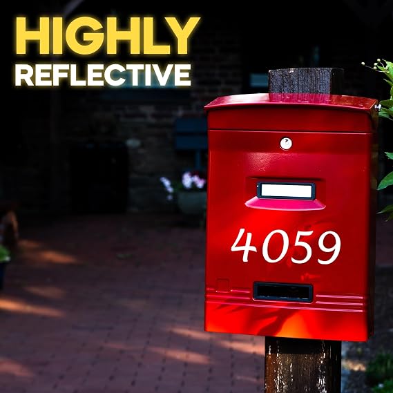 Reflective Post Box Number Stickers - 5 Sets of 2 Inch Letter Box Numbers - White Self-Adhesive Vinyl Decals - Waterproof and UV Resistant - Use as Bin Numbers for Wheelie Bins | Efficient Deliveries, Aids Emergency Responsiveness, 0-9 House Numbers, White Self-Adhesive Decals, Waterproof, UV Resistant