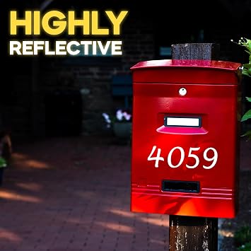 Reflective Post Box Number Stickers - 5 Sets of 2 Inch Letter Box Numbers - White Self-Adhesive Vinyl Decals - Waterproof and UV Resistant - Use as Bin Numbers for Wheelie Bins | Efficient Deliveries, Aids Emergency Responsiveness, 0-9 House Numbers, White Self-Adhesive Decals, Waterproof, UV Resistant