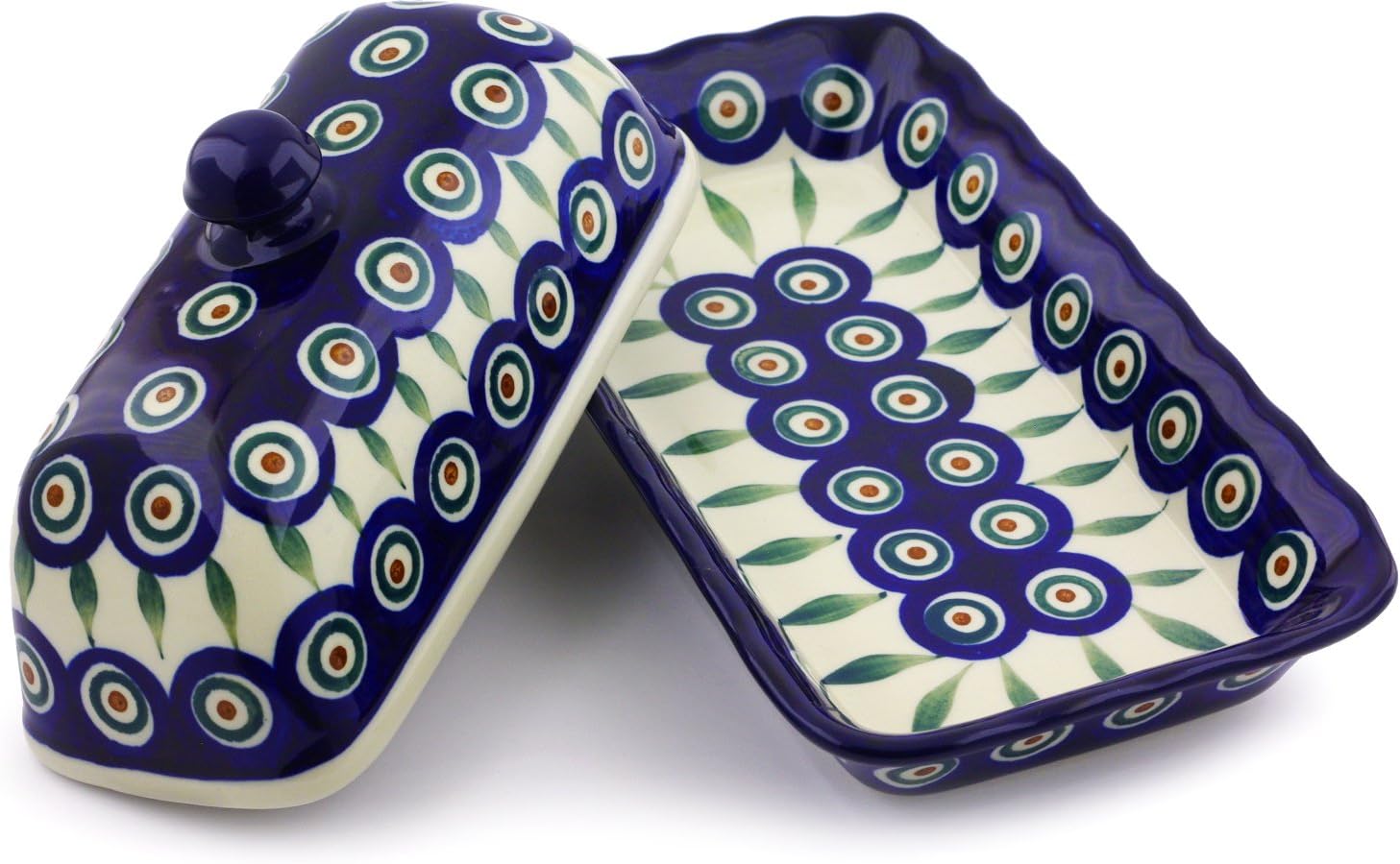 Polmedia Polish Pottery Butter Dish - Peacock Leaves Pattern Handmade in Boleslawiec Poland by Ceramika Artystyczna + Certificate of Authenticity