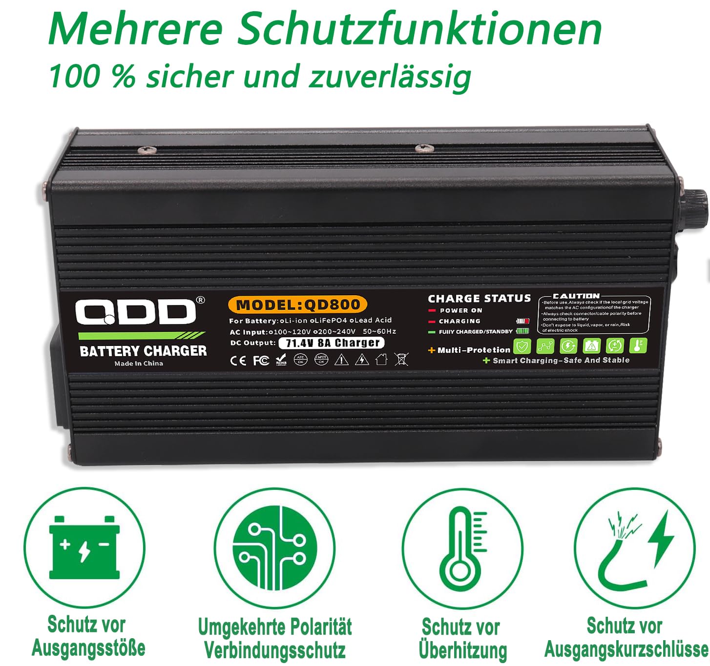 QDD Ładowarka litowo-jonowa 71,4 V 8 A, 60 V, czarna aluminiowa obudowa, wyjście DC C13 N+L, używana do akumulatora litowego 17S 60 V