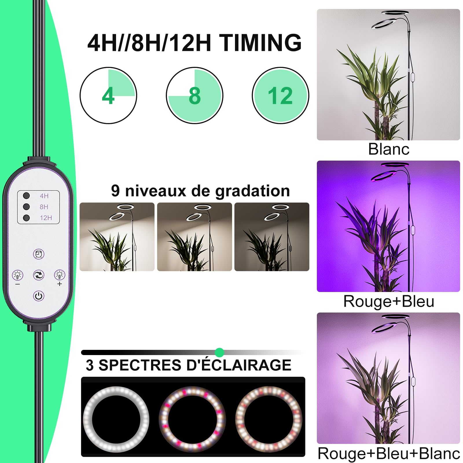 Olubfdh Lampada per Piante, Led Lampada da Coltivazione Spettro Completo con 168LEDs con Timer Auto, Grow light 2 Teste con 360°, Regolabile da Terra per Piante da Interno con Telecomando