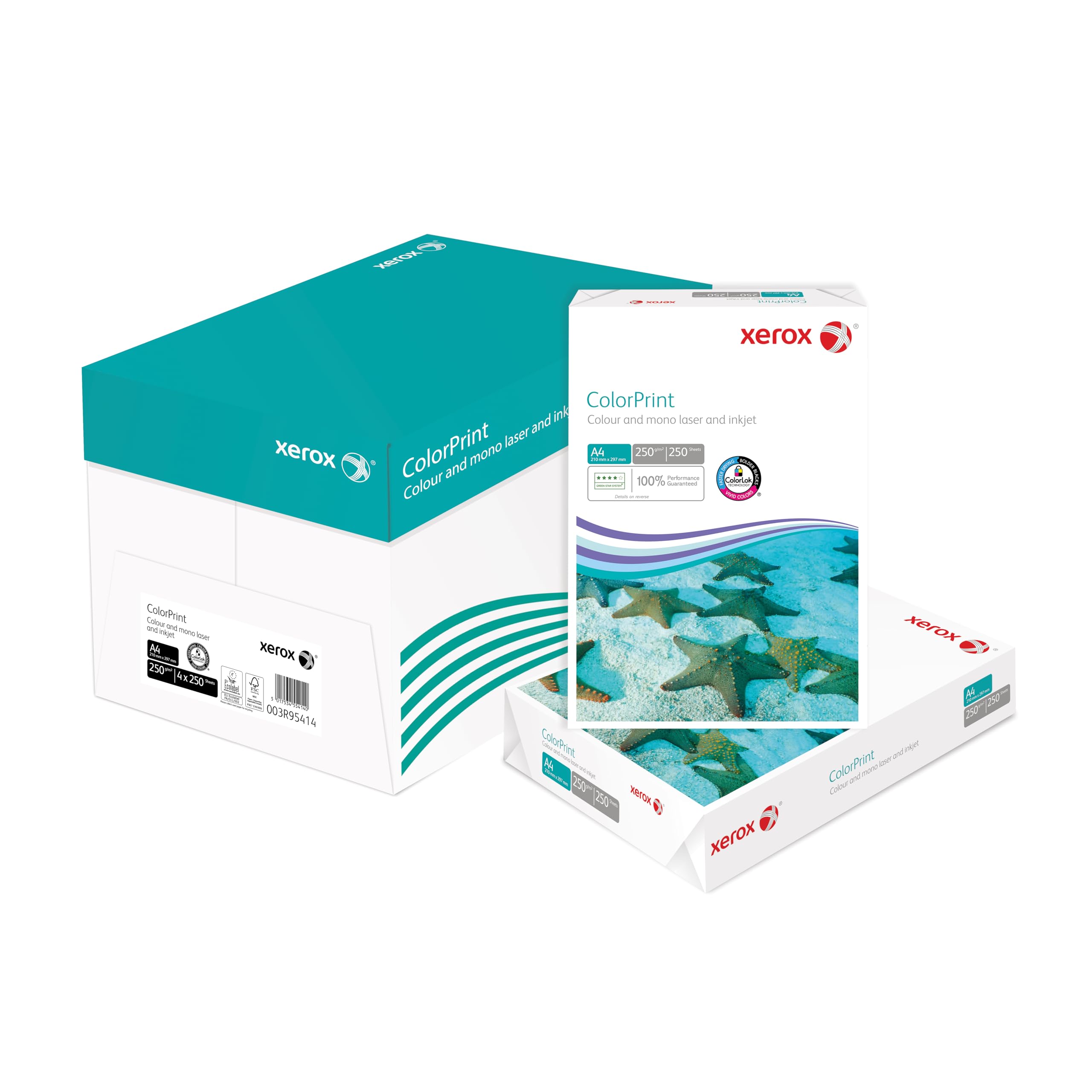 Xerox Colorprint Premium kolorowy papier do drukarek laserowych, biały, 250 g/m², A4, FSC Mix Credit, 1 karton na 4 paczki (1000 arkuszy), 003R95414