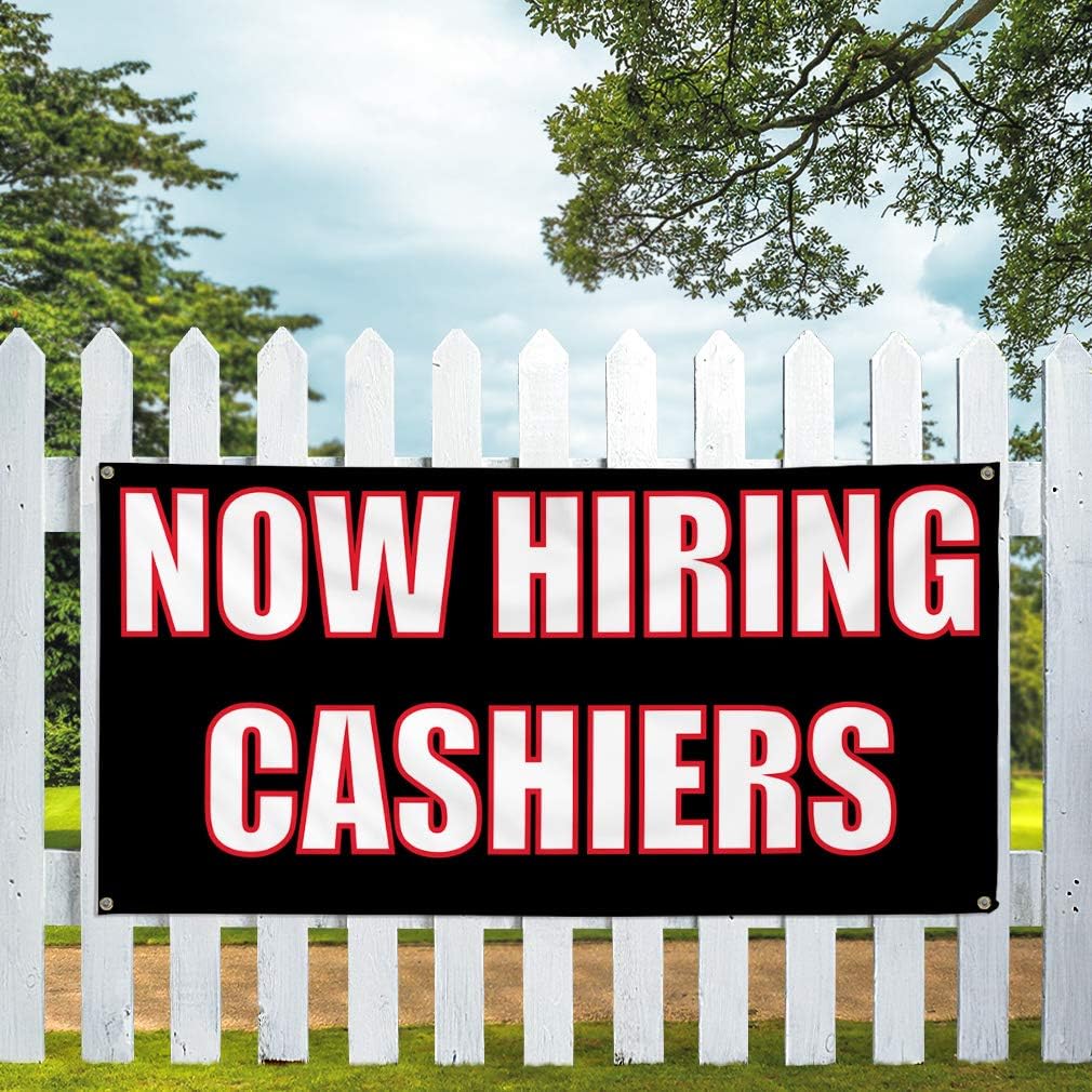 Vinyl Banner Multiple Sizes Now Hiring Cashiers Advertising Printing Business Outdoor Weatherproof Industrial Yard Signs Black 4 Grommets 24x36Inches