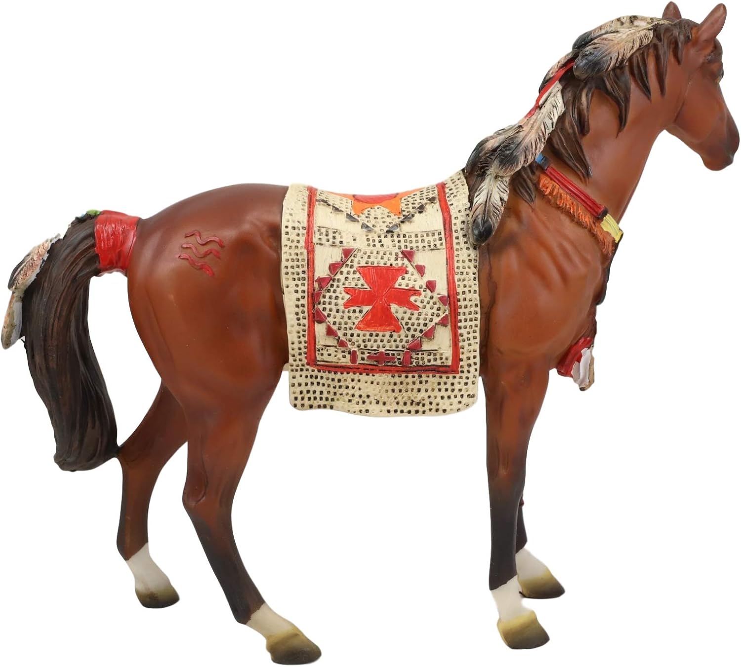 Ebros Equestrian Tribal Navajo Medicine Spirit Horse with Painted Tapestry Saddle Hand Crafted Statue 9.5" Long Native American Indian Symbols Palm Feathers Stallion Animal Decor Sculpture