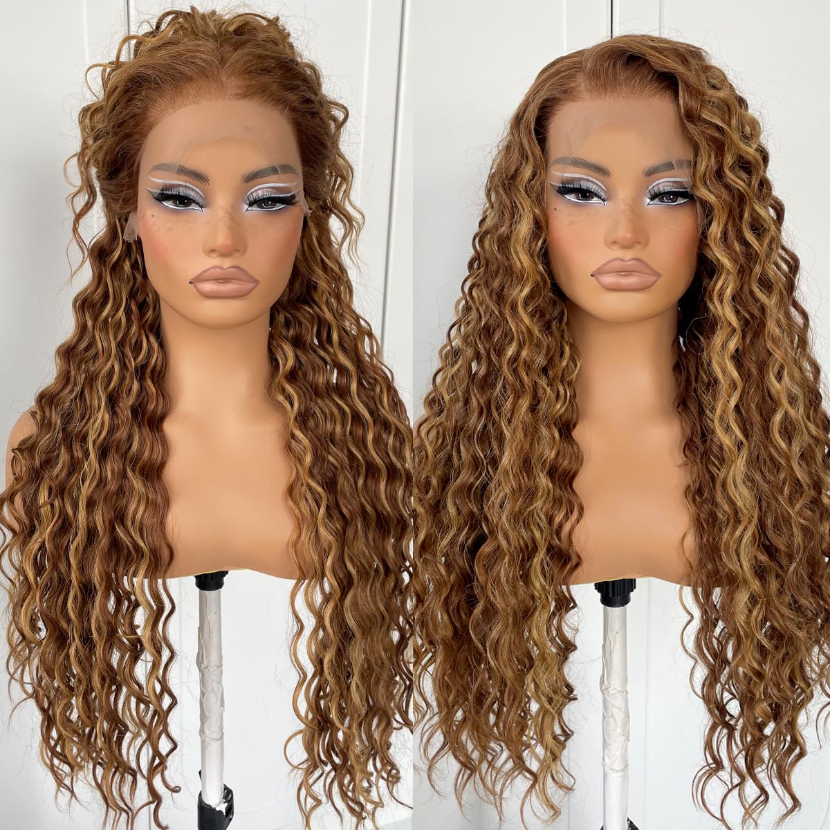 13x6 HD Lace Front Wig Pre-Plucked Honey Blonde Glueless Curly Wig Synthetic Highlight Wear And Go Lace Front Wig With Natural Hairline
