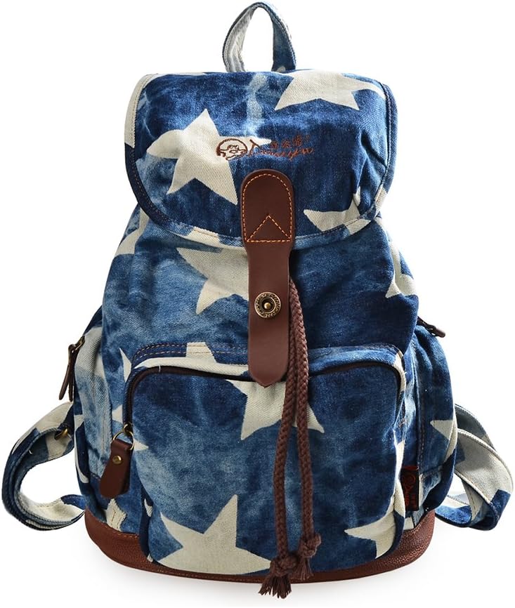 Women's Casual Canvas Backpack College School Daypack Teen Girl Cute Bag (blue star)