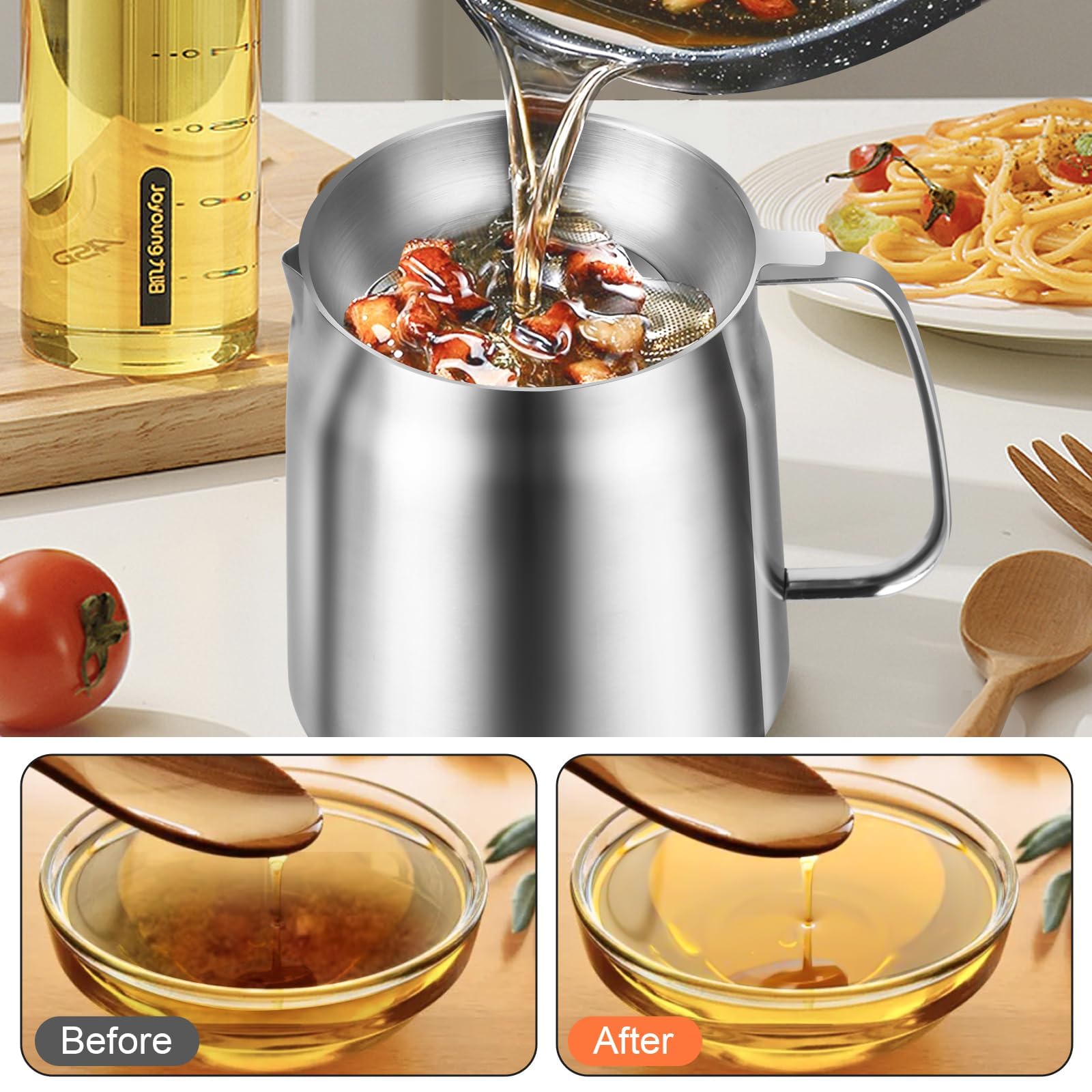 Pentola per frittura con filtro a maglia fine, in acciaio inox, contenitore per olio da 2 l e contenitore per grasso per frittura e grasso, utensili da cucina per separare alimenti e olio