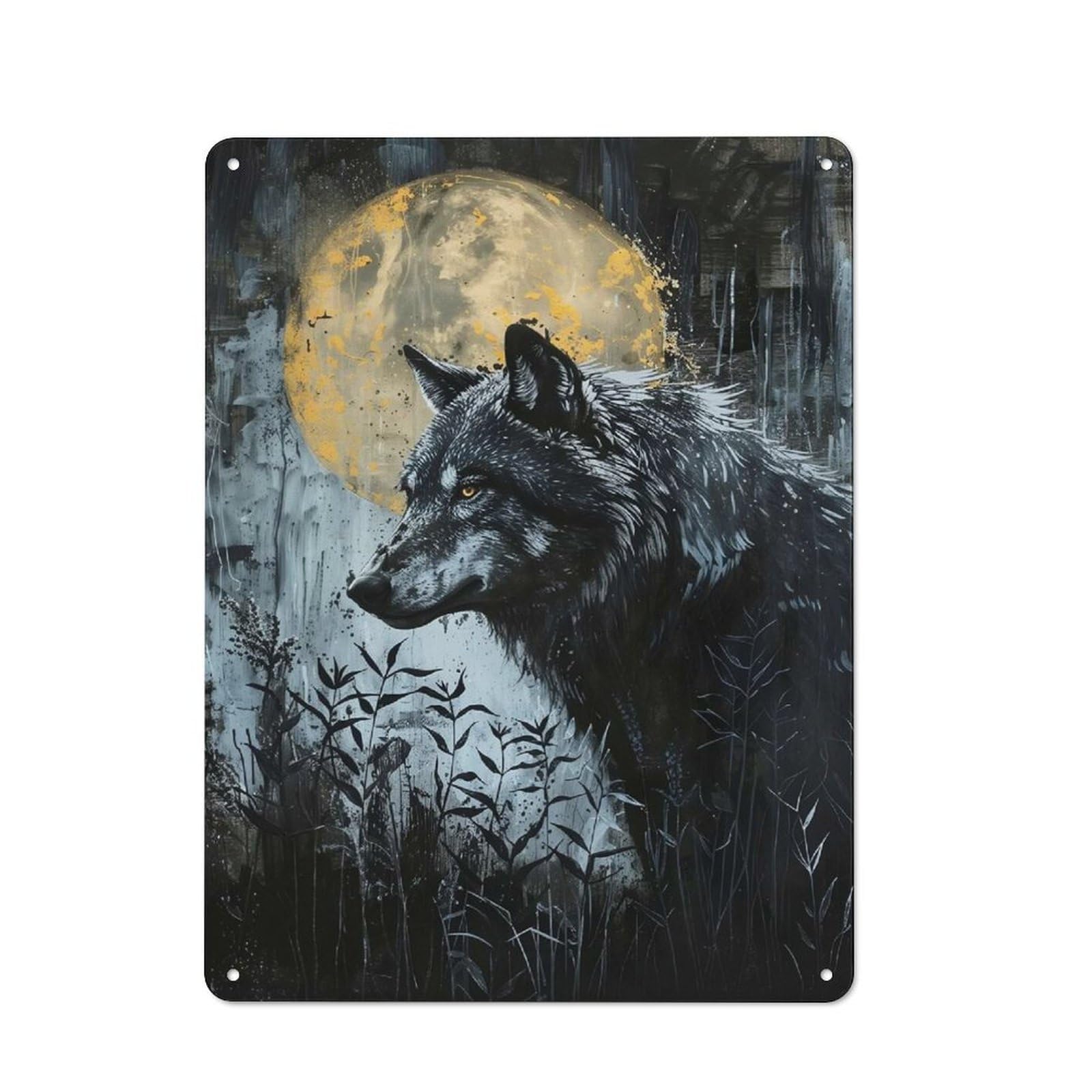 Classic Wolf And Moon Painting Metal Wall Sign 40x30cm, Pub Wall Decor for Diner, Restaurant, Shed Or Kitchen
