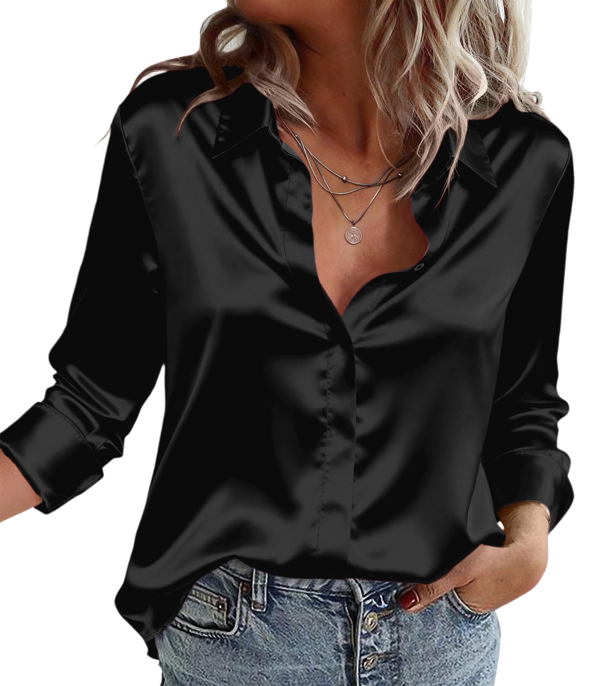 Zeagoo Satin Bluse Damen Seidenbluse V-Ausschnitt Langarm Blusen Elegant Business Oberteile Seide Hemd mit Knöpfen