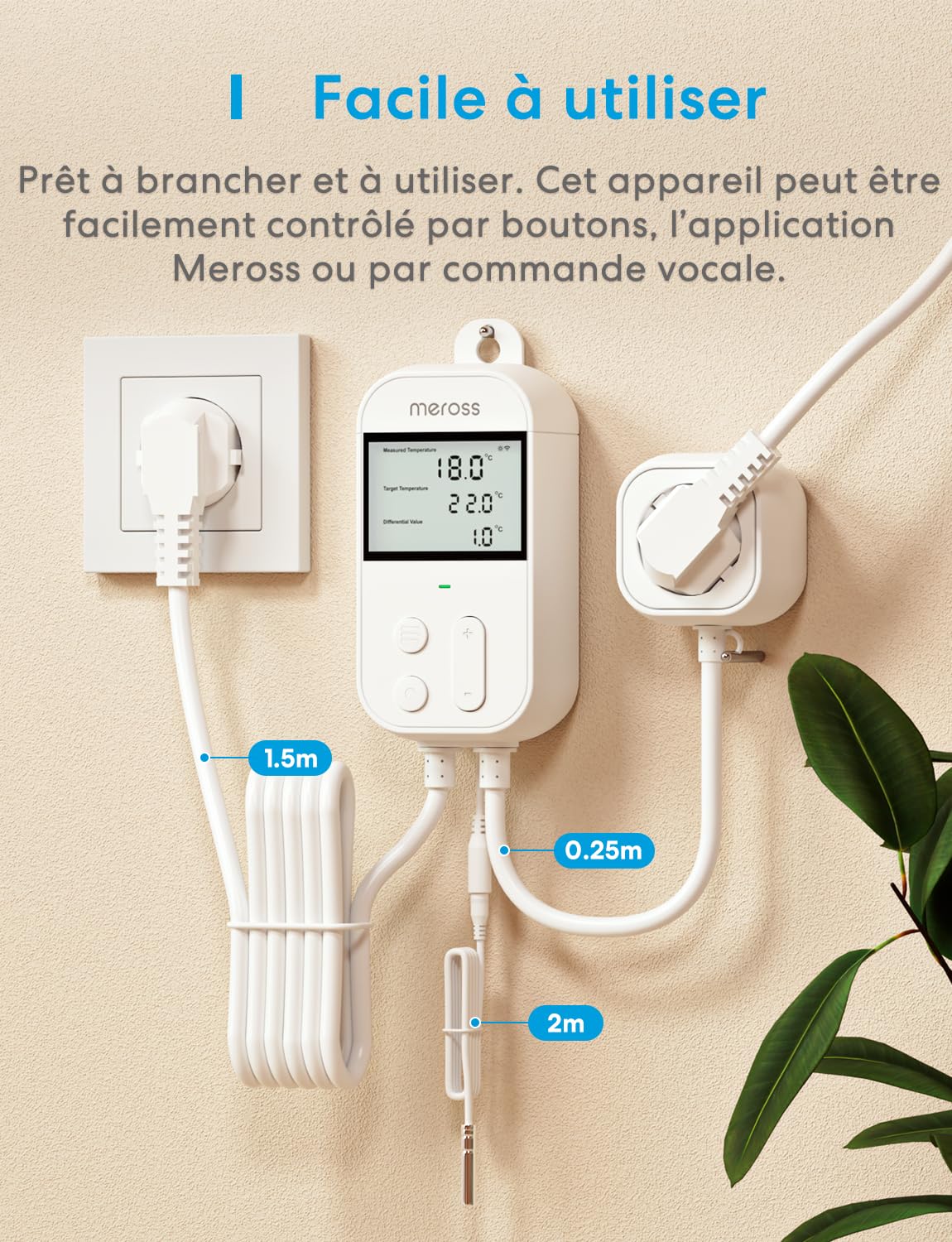 Meross Prise Thermostat Connectée WiFi pour Reptile Terrarium, ±0.5°C avec Sonde IP68, Régulateur Chauffage Refroidissement Compatible HomeKit Alexa, Contrôle à Distance pour Incubateur Serre