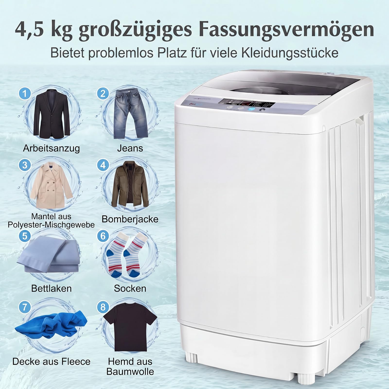 GYMAX Vollautomatische Waschmaschine 4,5 kg, Toplader Waschvollautomat mit Pumpe, Schleuder & 10 Programmen, mini Waschmaschine Vollautomat für Wohnung, Apartment & Wohnmobile