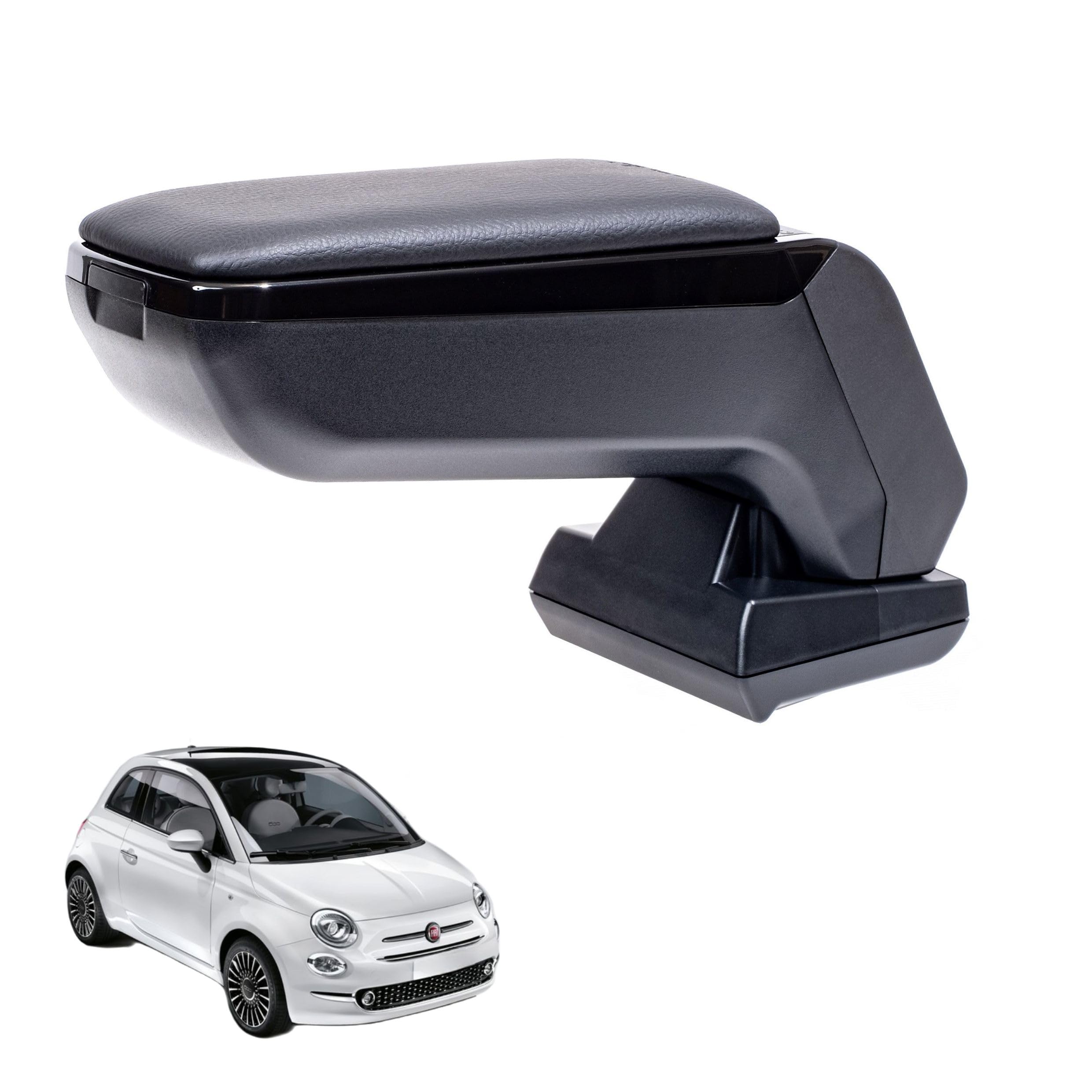 Rati Armster S Armlehne kompatibel für FIAT 500 2016-2024 [schwarz,vegan Leder] nachrüstbare Mittelarmlehne mit Staufach (nicht zum 500e)