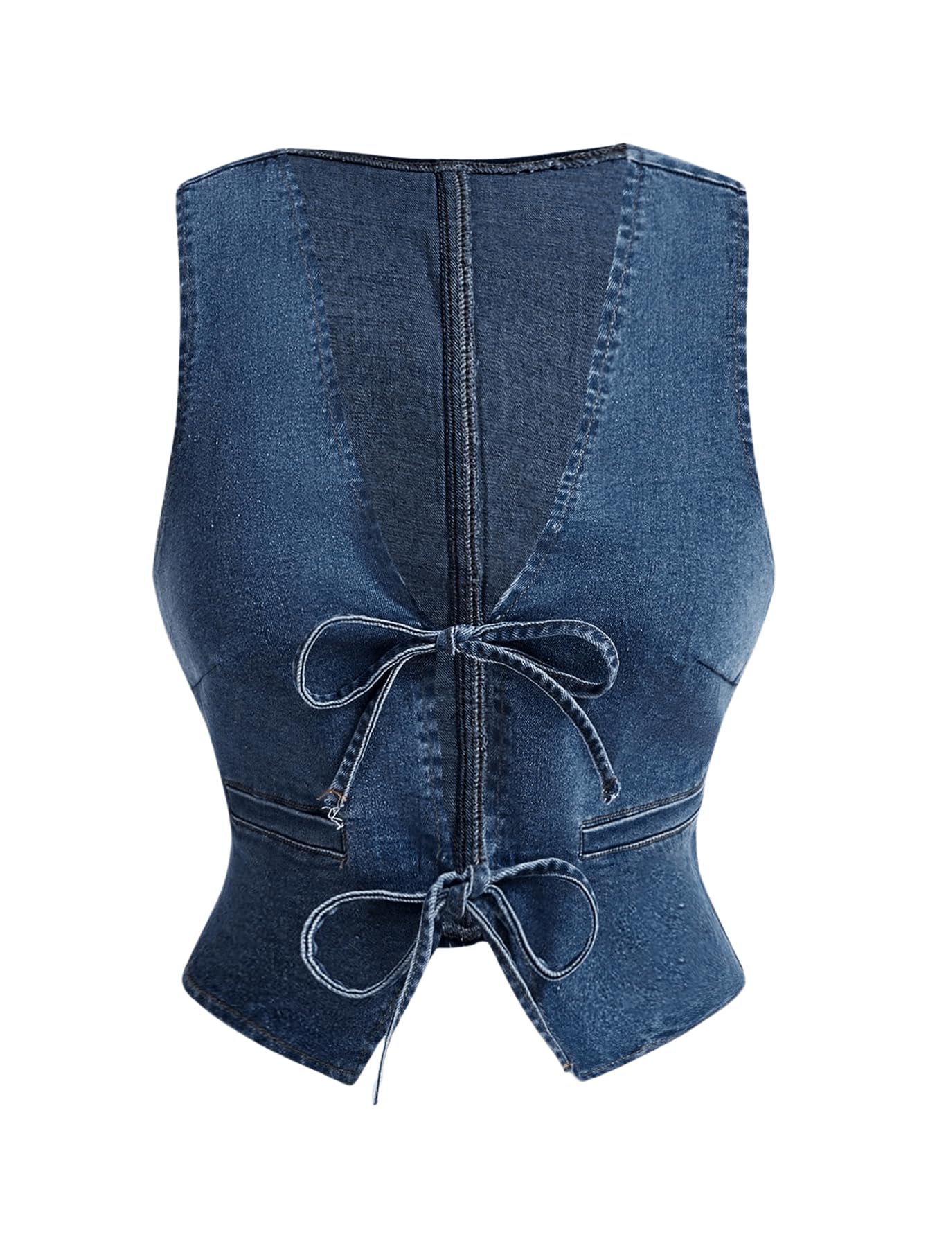 MakeMeChic Womens Deep V Neck Tie Front Denim Vests Sleeveless Asymmetrical Hem Vest Tops