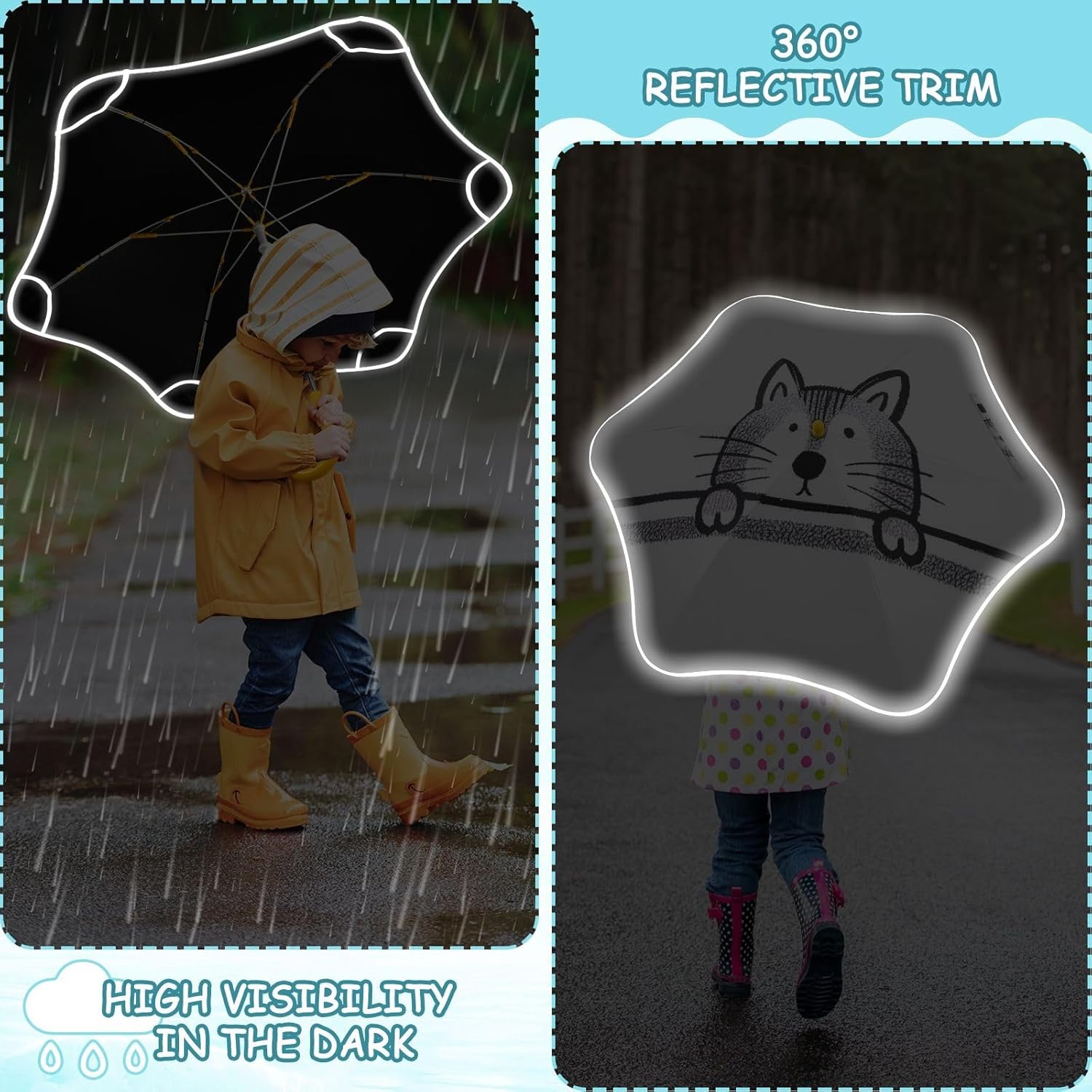 Minimalist Stick Figure Cat White Character print kids umbrellas Rain & Windproof Umbrella with Reflective Strip for rain windproof for outdoor