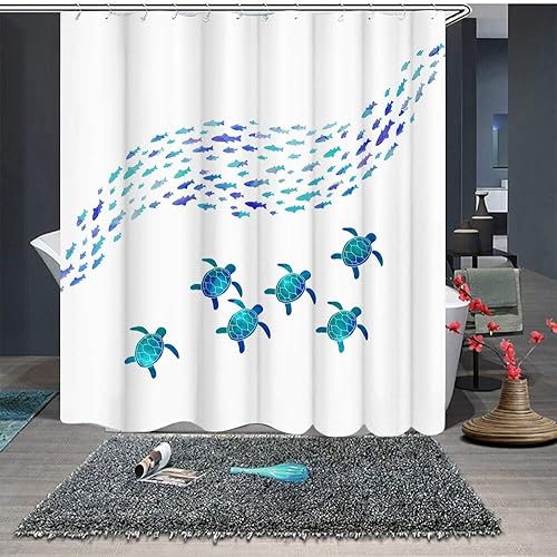 Miniatura 5 de RnnJoile Cortina de baño, cortina de ducha impermeable náutica con tela de animales marinos, 72 x 72 pulgadas, incluye ganchos, azul turquesa,