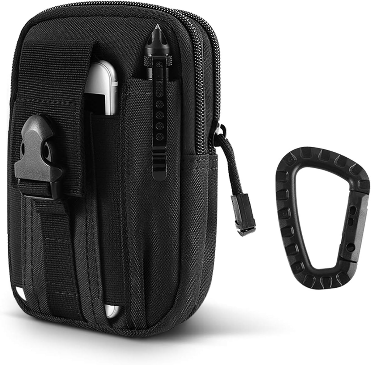 AIRSSON Universal Tactical Molle Pouch EDC/EMT Gear Tool Gadget Belt Outdoor Waist Bag Pocket Organizer with Cell Phone Holster for iPhone X Samsung S8 & Less Than 6.2" Smartphone+Carabiner (Black)