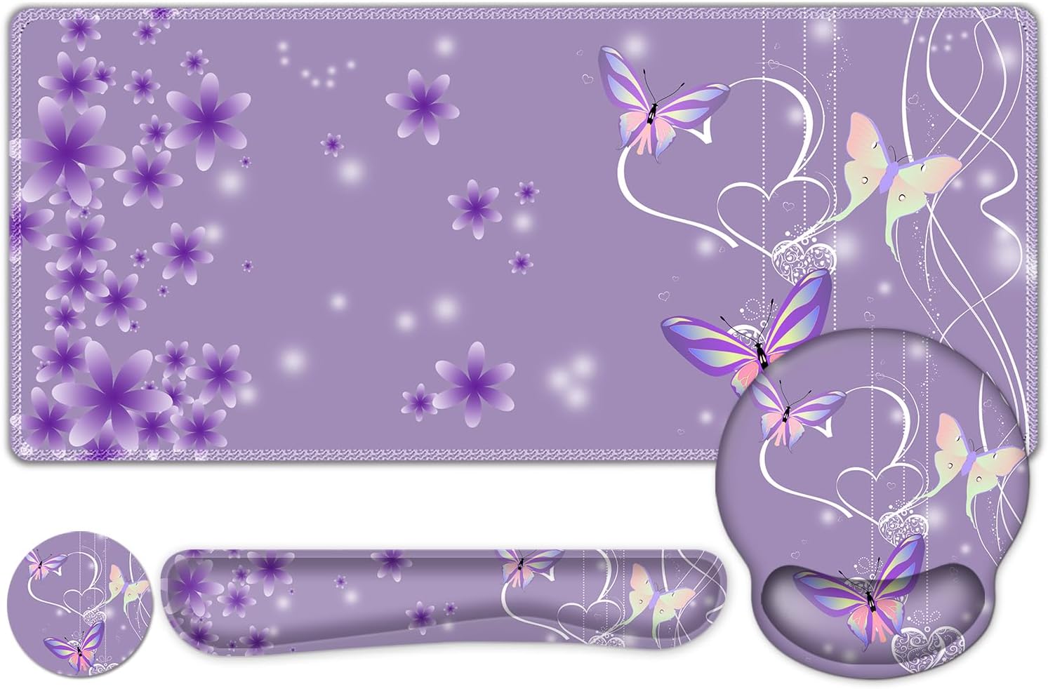 Purple Butterflies Florals Mouse Pad, XXL Large Desk Mat Extended Reading Desk pad, 4PCS Non-Slip Rubber Base Computer Big Mousepads for Work, Game, Office, Home Decor Girls Woemn Gifts Accessories