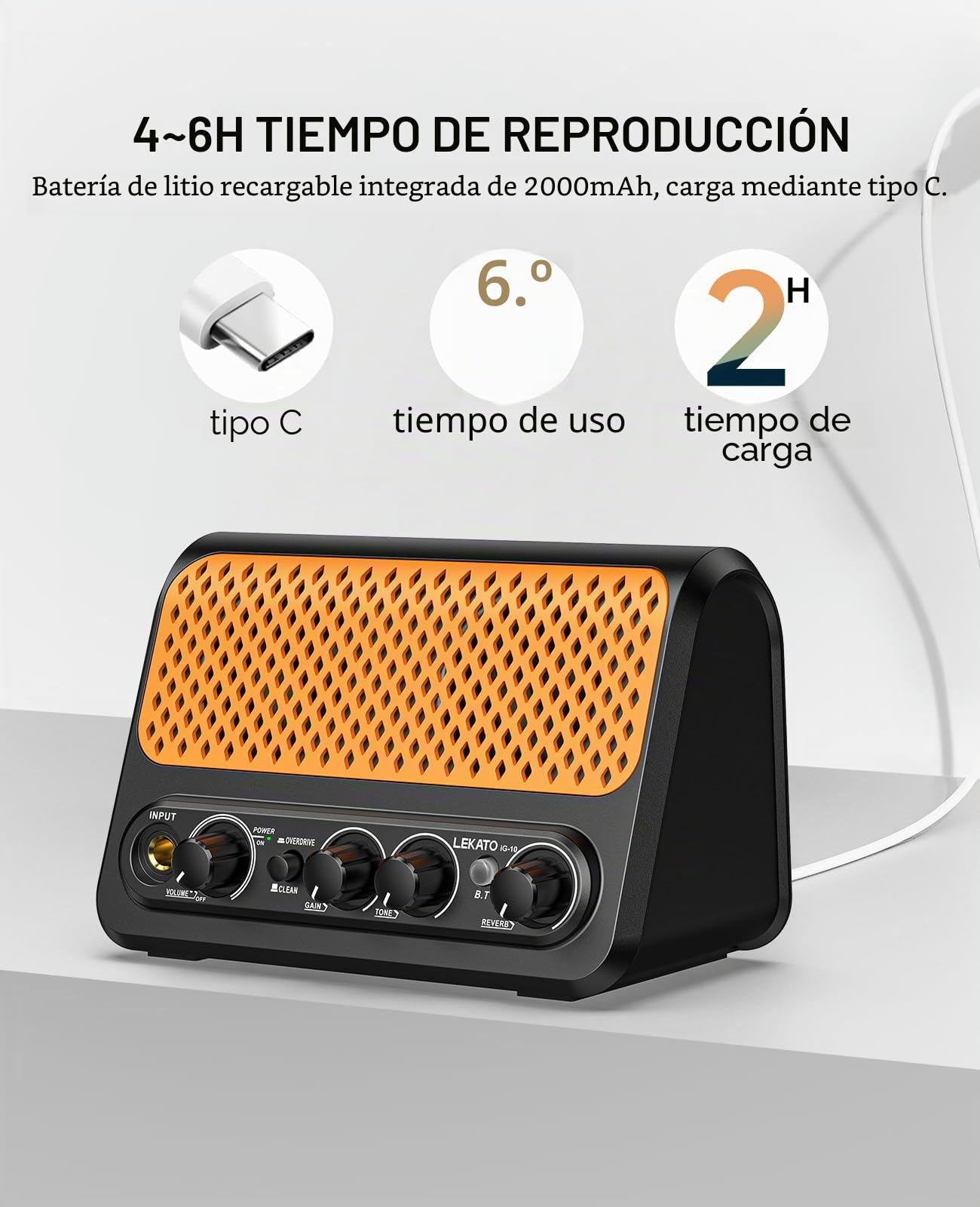 Mini amplificador para guitarra, LEKATO 10 W, amplificador para guitarra eléctrica portátil con canal Clean & Overdrive, reverberación y conectividad Bluetooth