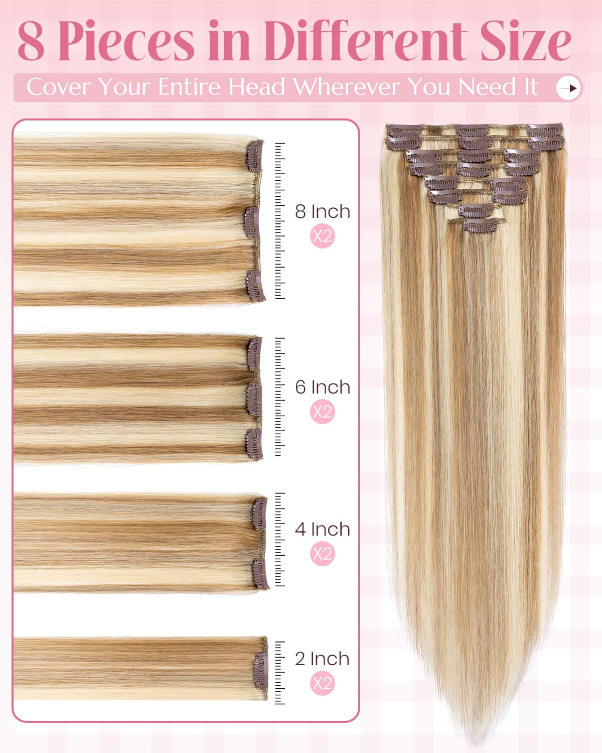 SLEEKALON Hair Extensions Clip in Real Human Hair Remy Highlighted #12/613 Golden Brown Mix Bleach Blonde - Image 3