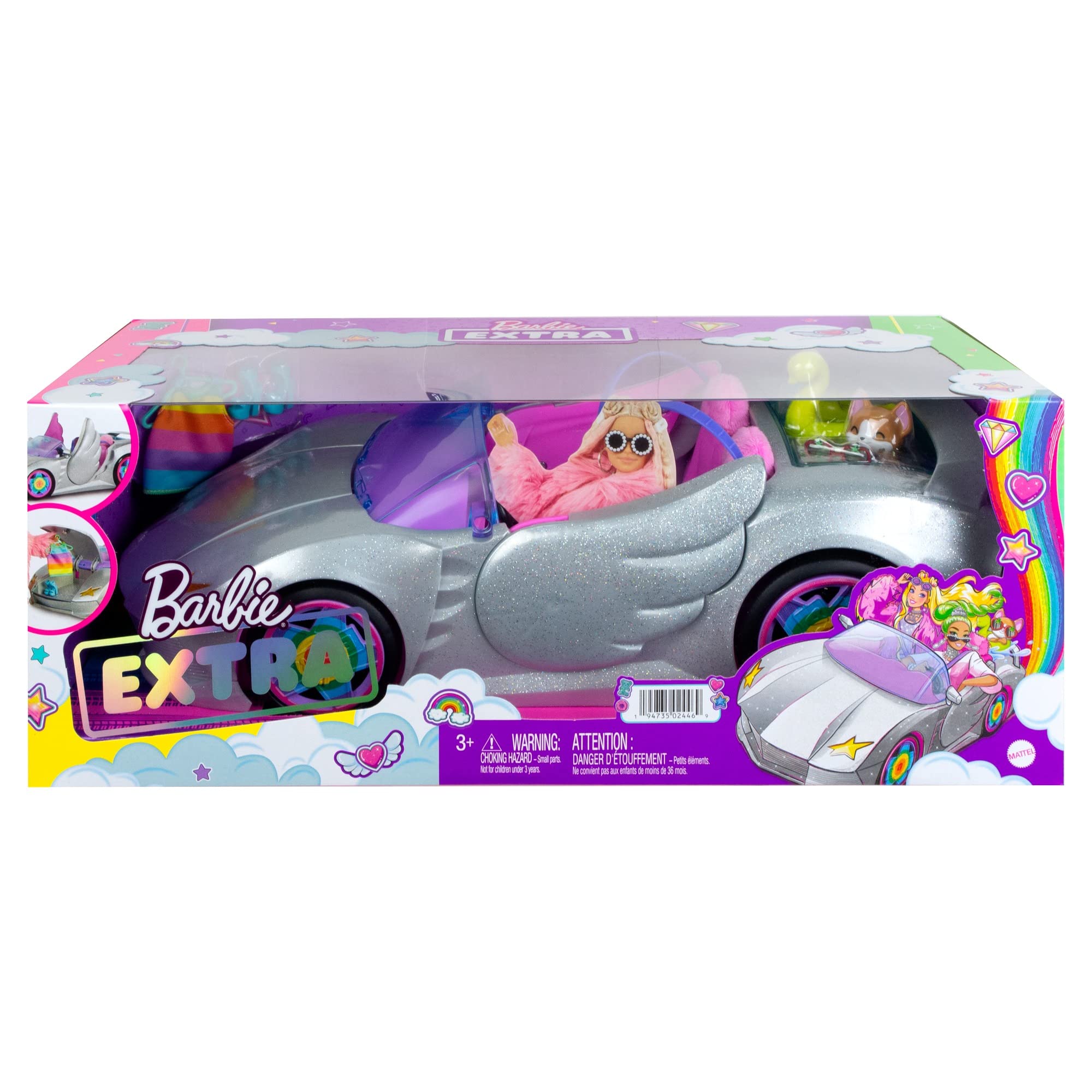 Barbie Extra Cabriolet argenté, Voiture pour poupée, 2 Places, Intérieur Rose, avec Corgi et Piscine pour Chien, et Accessoires, Jouet pour Enfant, HDJ47