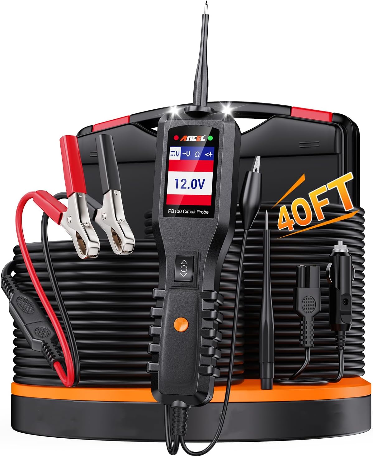 PB100 Automotive Circuit Tester Power Probe Kit Diagnostic Test Tool Vehicle Electrical System Current Voltage Resistance Diodes Detector with LCD Screen Flashlight for 12V to 24V - Black