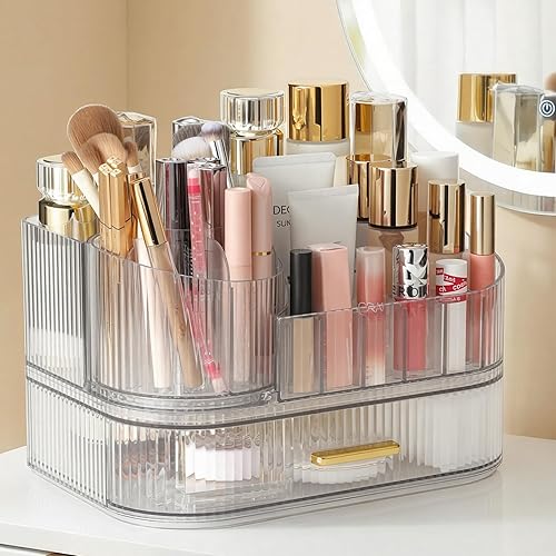 Miniatura 11 de Delamu Organizador de maquillaje para tocador con cajones apilables, soporte giratorio de 360º para brochas de maquillaje, vitrina grande de