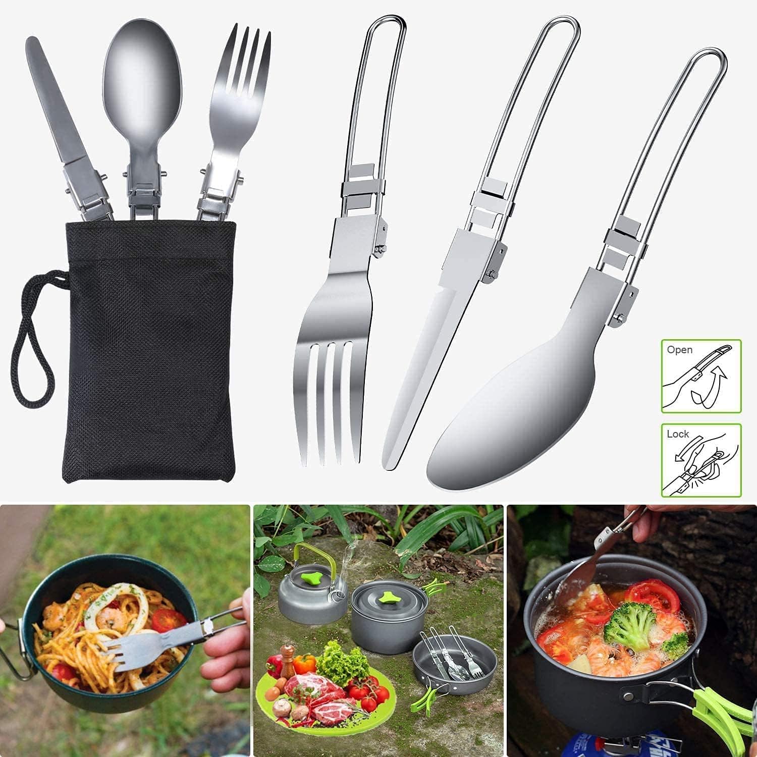 14PCS Kit de Utensilios Cocina Camping,Camping Kit de Portátil y Liviano Acero Inoxidable Cocina Camping Ollas y Sartenes para Acampada,Excursión,Escalada,Senderismo