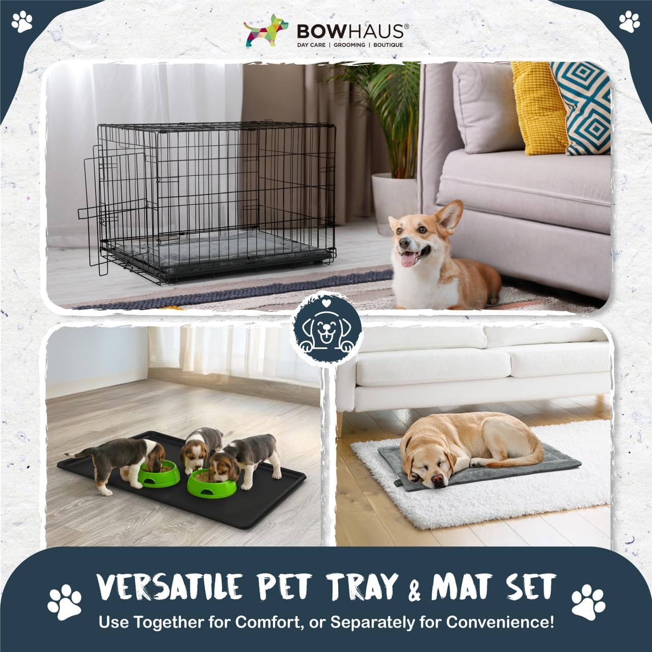 BOWHAUS Machine-Washable Dog Bed Pad & Tray for 48-Inch Kennel, Non-Slip Flat Cozy Sleeping Mat & Easy-Clean Plastic Replacement Crate Pan, Comfortable & Durable for Dogs, Rabbits, Cats, Various Pets