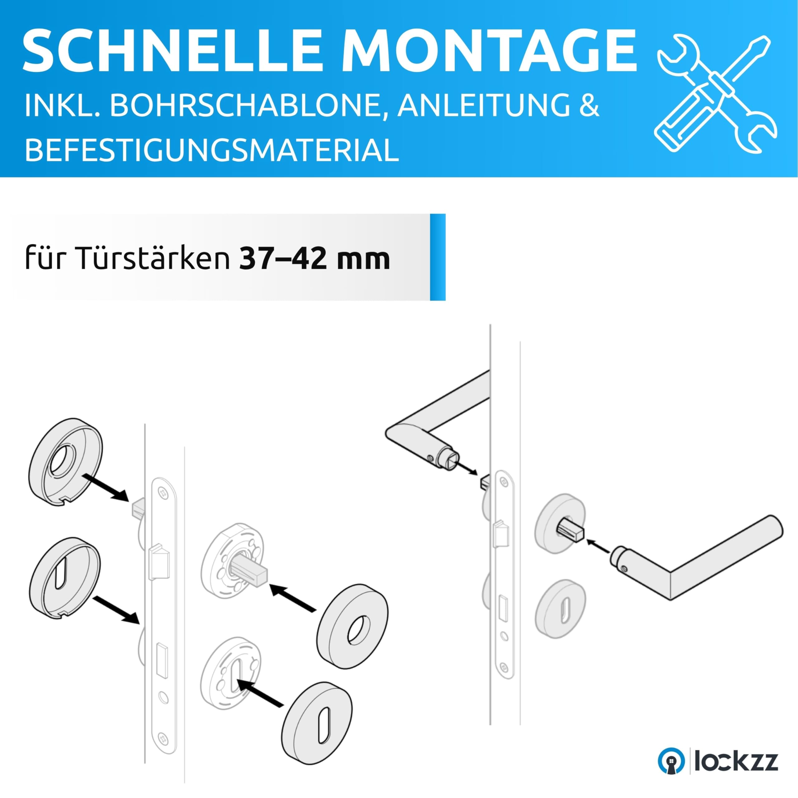 lockzz Türgriff Drückergarnitur Würzburg Edelstahl Matt Gebürstet – Türbeschlag für Badezimmertüren & WC – L-Form Rund-Rosette mit Sperrriegel & Hochhaltefeder – Badtürgriff Set