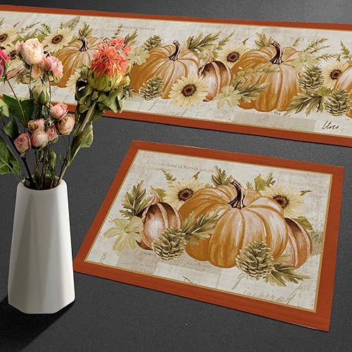 Juego de 6 caminos de mesa y manteles individuales con diseño de calabazas de acuarela, color naranja otoñal, juego de tapetes de comedor de lino