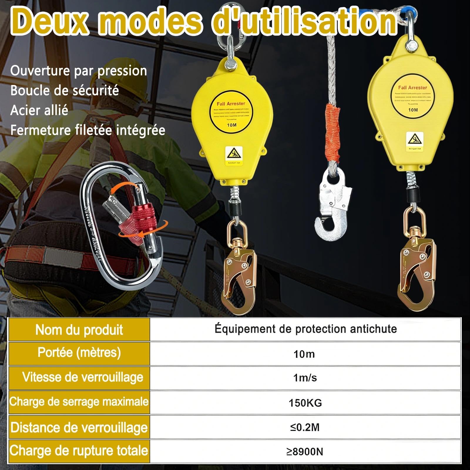 10m Dispositif Antichute a Rappel Automatique, Charge Max 150kg | Harnais de Securite Anti Chute Toiture et Travaux en Hauteur, Stop Chute Toiture avec Crochet Autobloquant 360° (Jaune,10m)