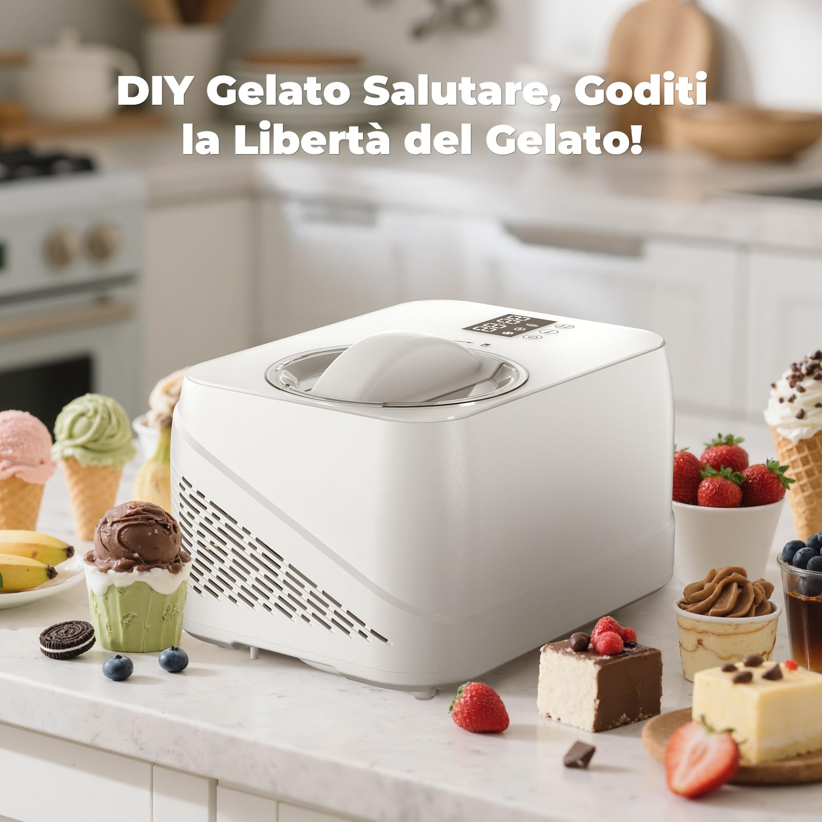 Gelatiera con Compressore 1L, Autorefrigerante Gelatiera per Gelato Professionale, Macchine Gelato con Ciotola Estraibile in Alluminio/Spatola/Tazze Graduate
