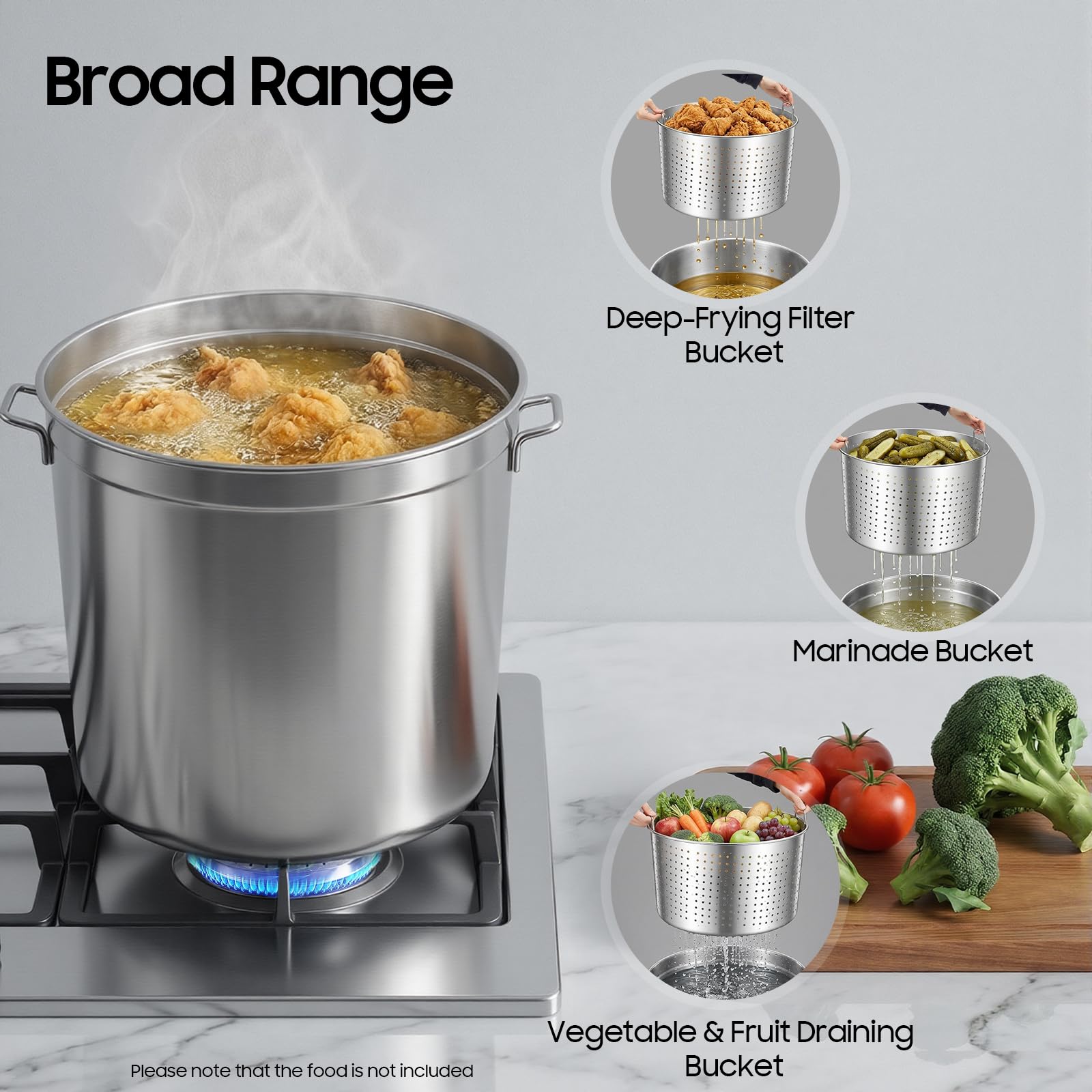 Olla de acero inoxidable 50L con cesta de filtro, olla de inducción de gran capacidad, cazuela sopa profesional, tapa asas retráctiles, todos los fuegos