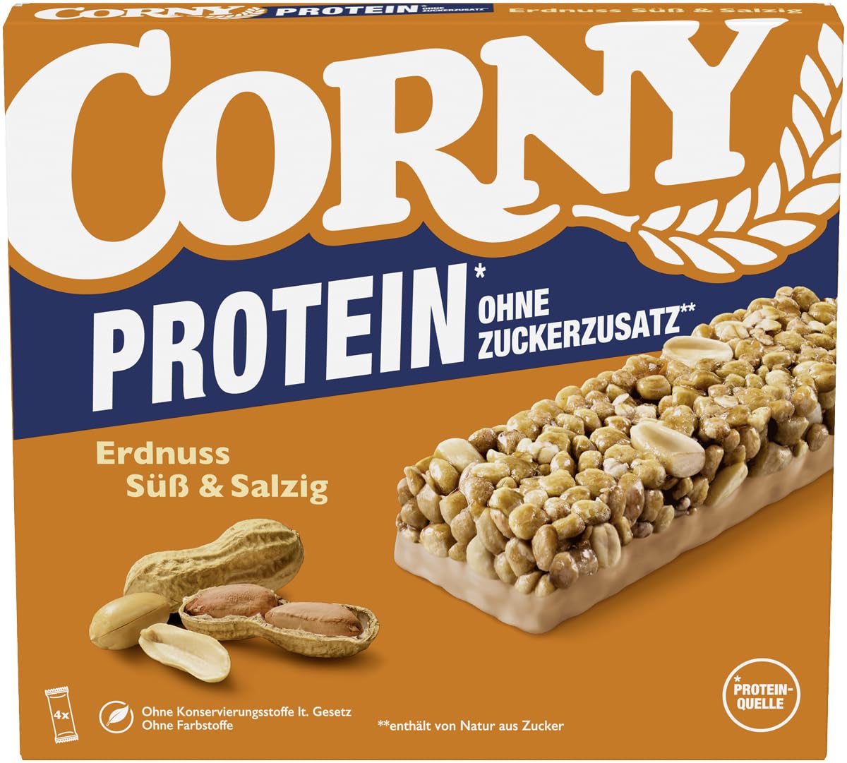 Müsliriegel Corny Classic Protein Erdnuss Süß & Salzig | 24% Protein | Proteinriegel mit gesalzenen Erdnüssen | Ohne Zuckerzusatz | Genuss für Sport, Büro und unterwegs | 4 x 25 g