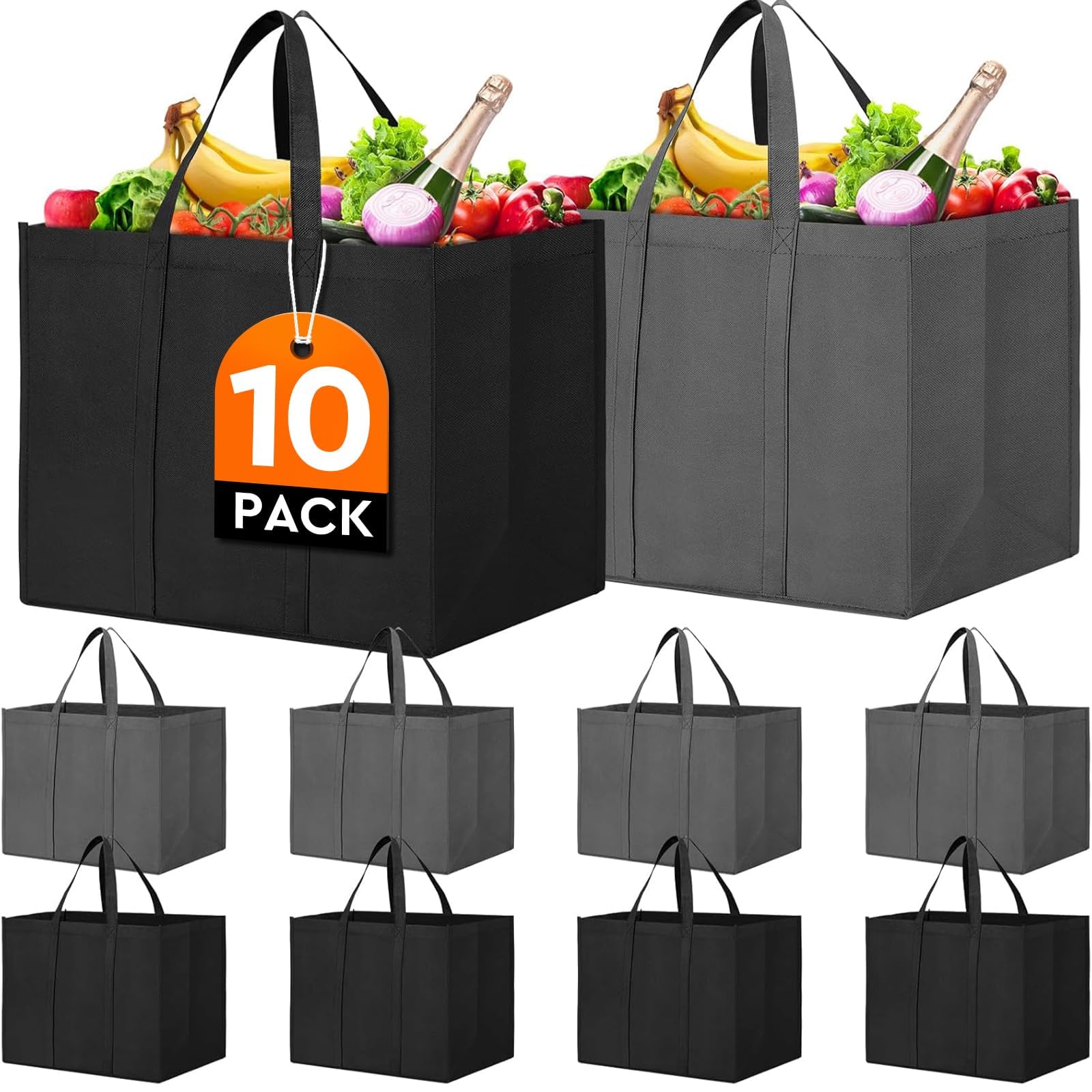 WISELIFE Reusable Grocery Shopping Bags 10 Pack Large Foldable Tote Bags Bulk, Long Handle for Shopping Groceries Clothes (Dark Grey & Black)