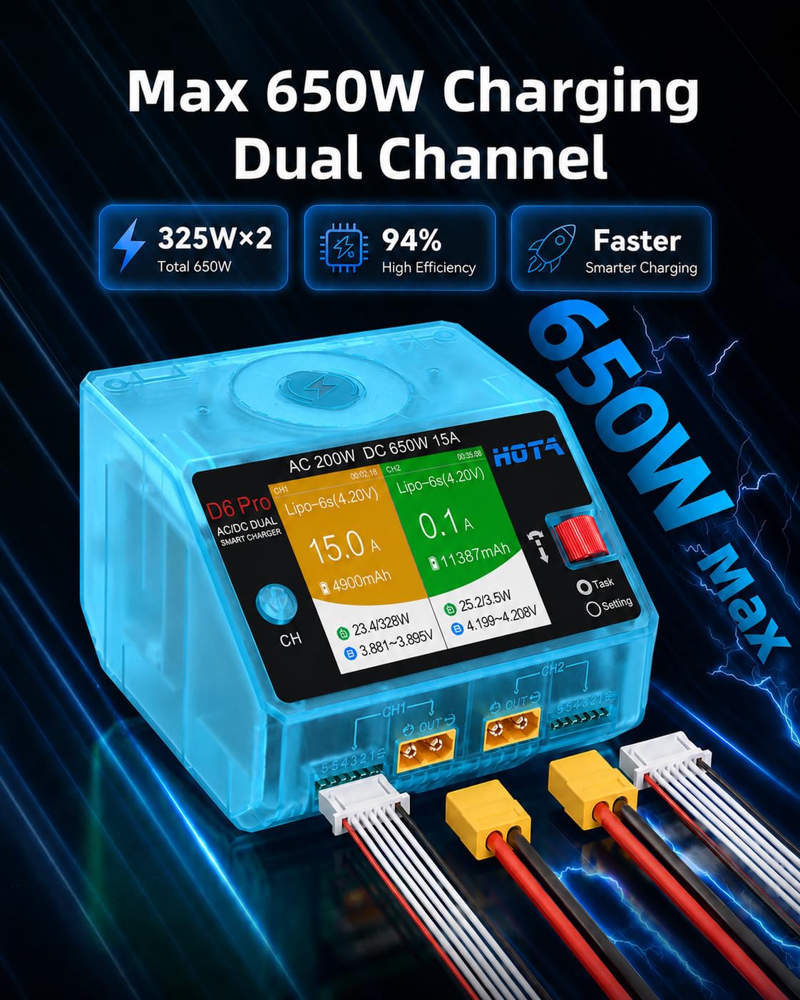 HOTA D6 Pro Ładowarka do akumulatorów LiPo, podwójna ładowarka wyważająca 15A AC200W DC650W z bezprzewodowym panelem ładowania, do akumulatorów 1-6S LiPo LiHV NiMH PB RC Car Boat FPV Drone