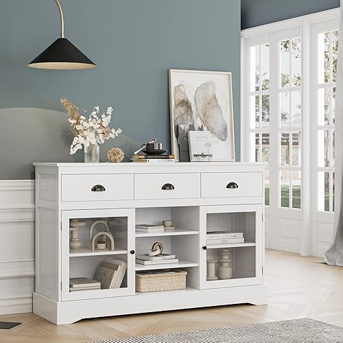 Miniatura 5 de FOTOSOK Moderno gabinete de bufé, armario de bar con 2 puertas de cristal, 3 cajones y estantes ajustables, armario de cocina, mesa de café,