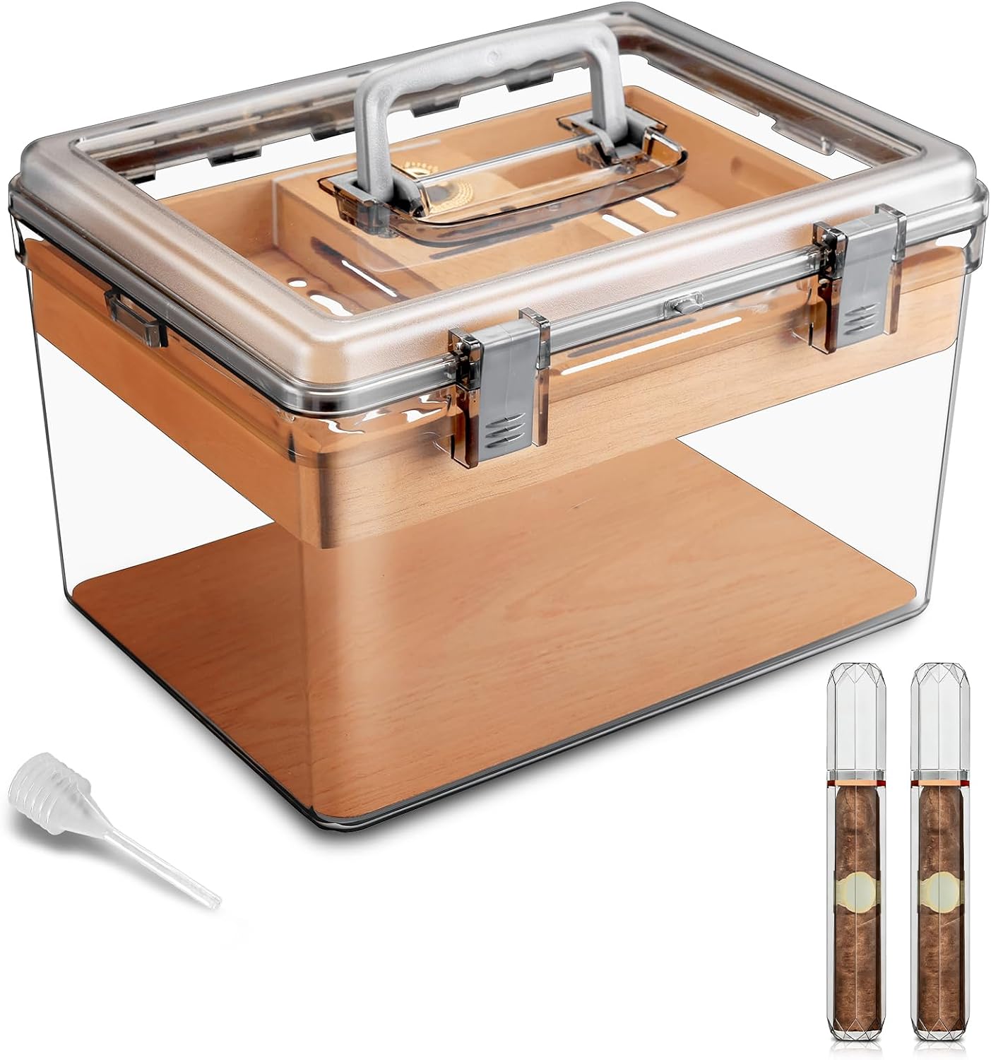 Cigar Humidor, Full Glass Top Cigar Box with Humidifier and Hygrometer & Cigar Tube, Acrylic Humidor Airtight Cigars Container for Cigar Lovers (Large)