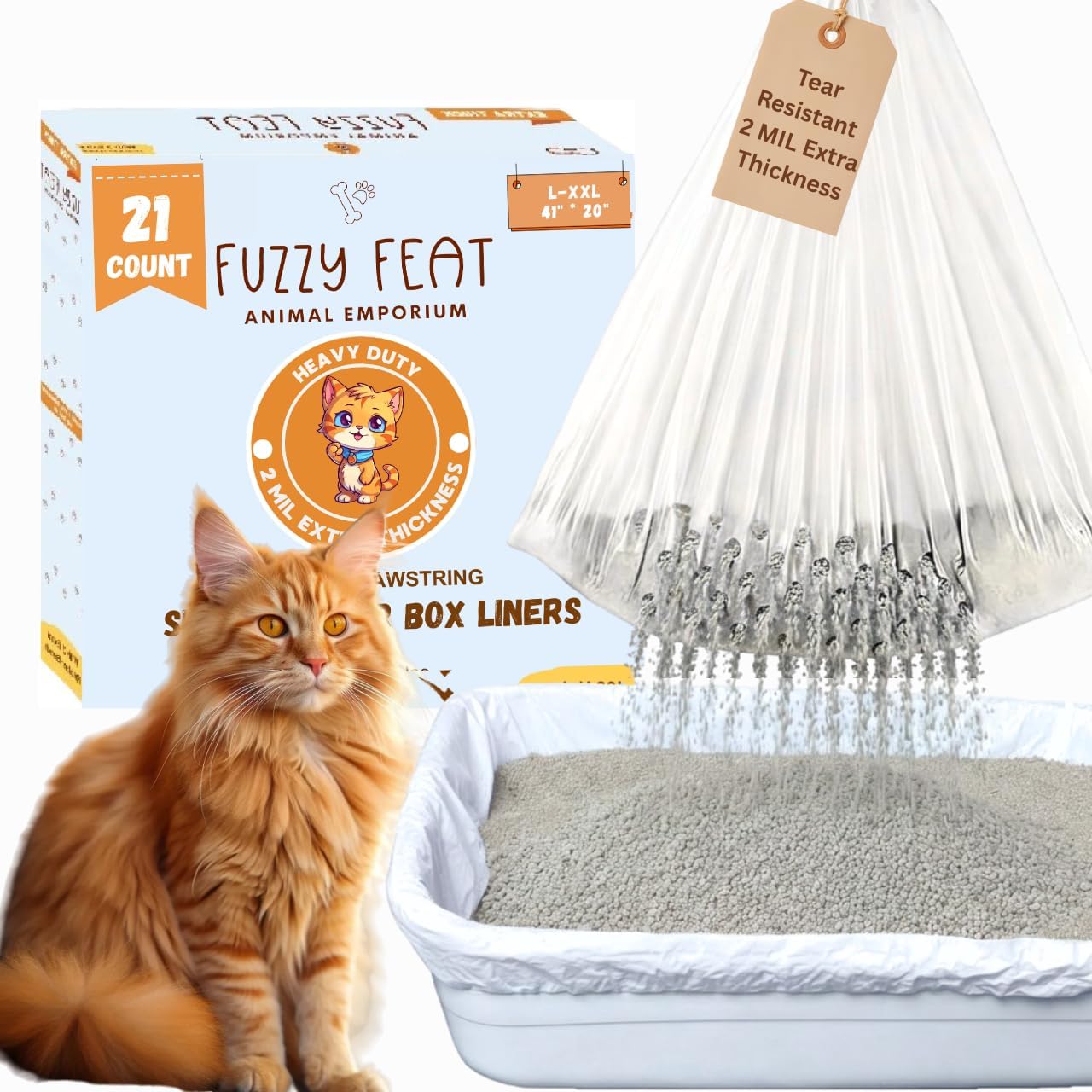 Cat Sifting Litter Box Liners - 21 Count Extra Large Cat Litter Bags Liners with Elastic Drawstring - Tear-Resistant Waterproof - Extra Thick - Fits L/XL/XXL/Giant Boxes, 2 Mil Thick (40" x 21")