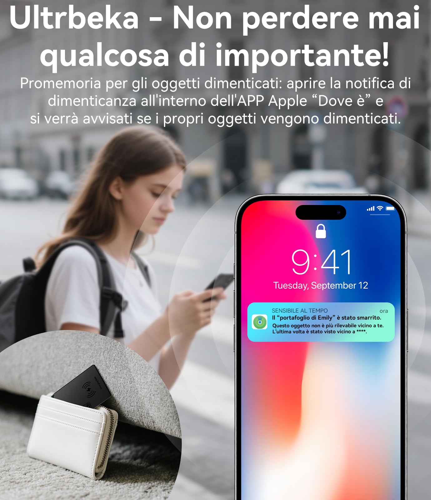 Ultra-sottile Wallet Tracker MFi certificato compatibile con Apple Find My | Per portafogli, chiavi e borse | Singolo, 1 pack